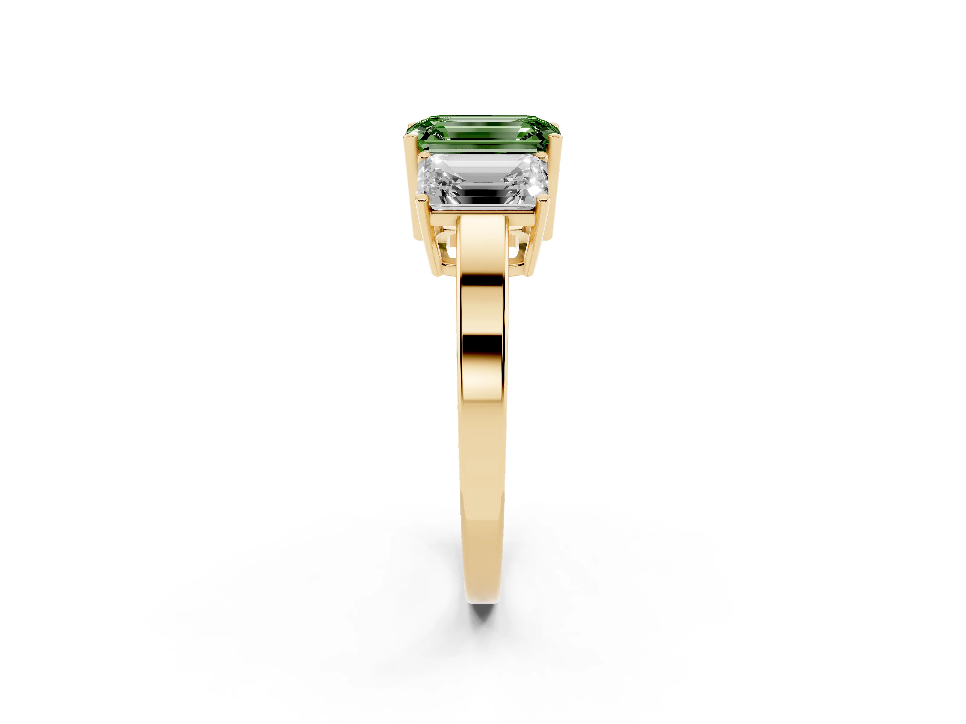 Fancy Green Emerald Cut Diamond Three-Stone Engagement Ring Set in Yellow gold with Flat Band