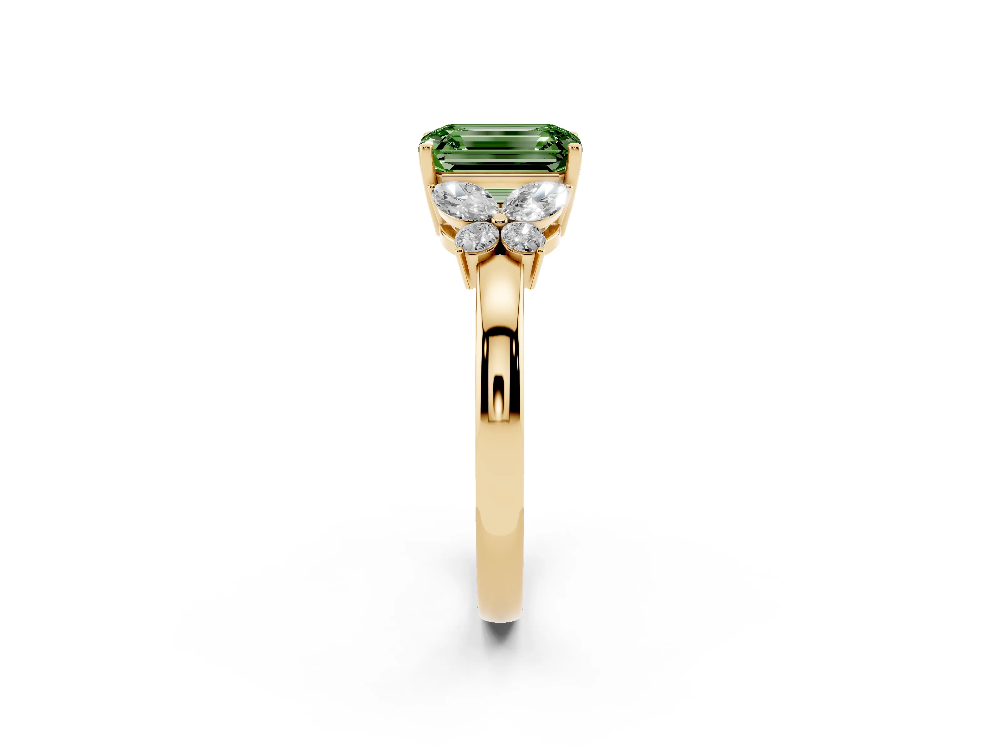 Fancy Green Emerald Cut Diamond Solitaire Floral Ring Set in Yellow gold with Marquise Petals and Prong Setting