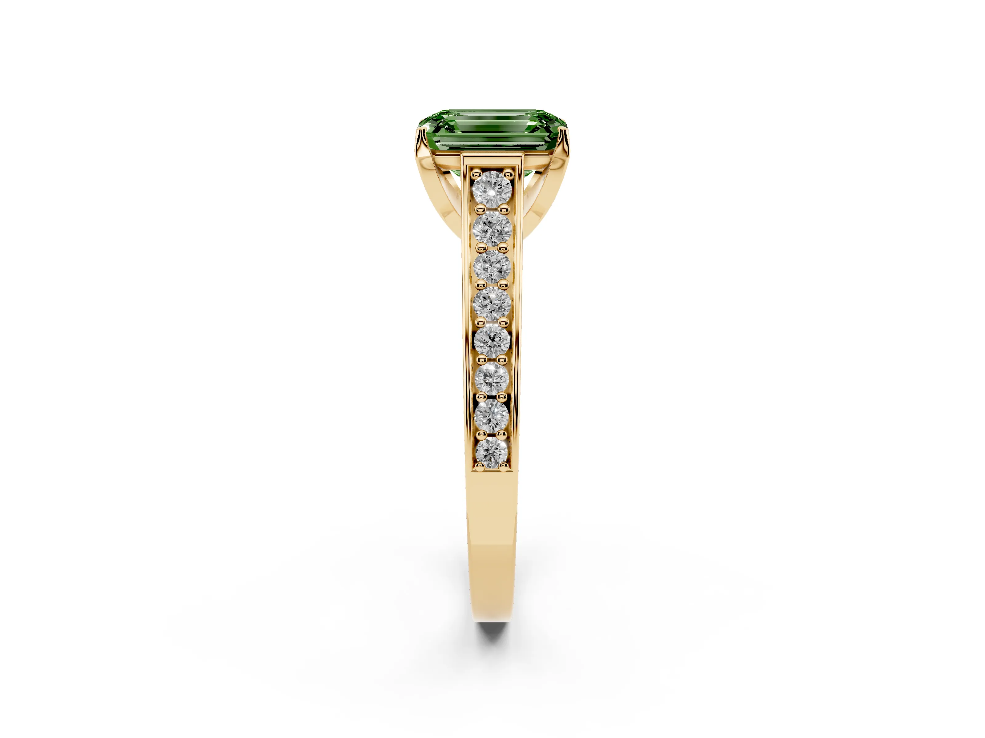Fancy Green Emerald Cut Diamond Solitaire Pavé Engagement Ring Set in Yellow gold with Prong Setting