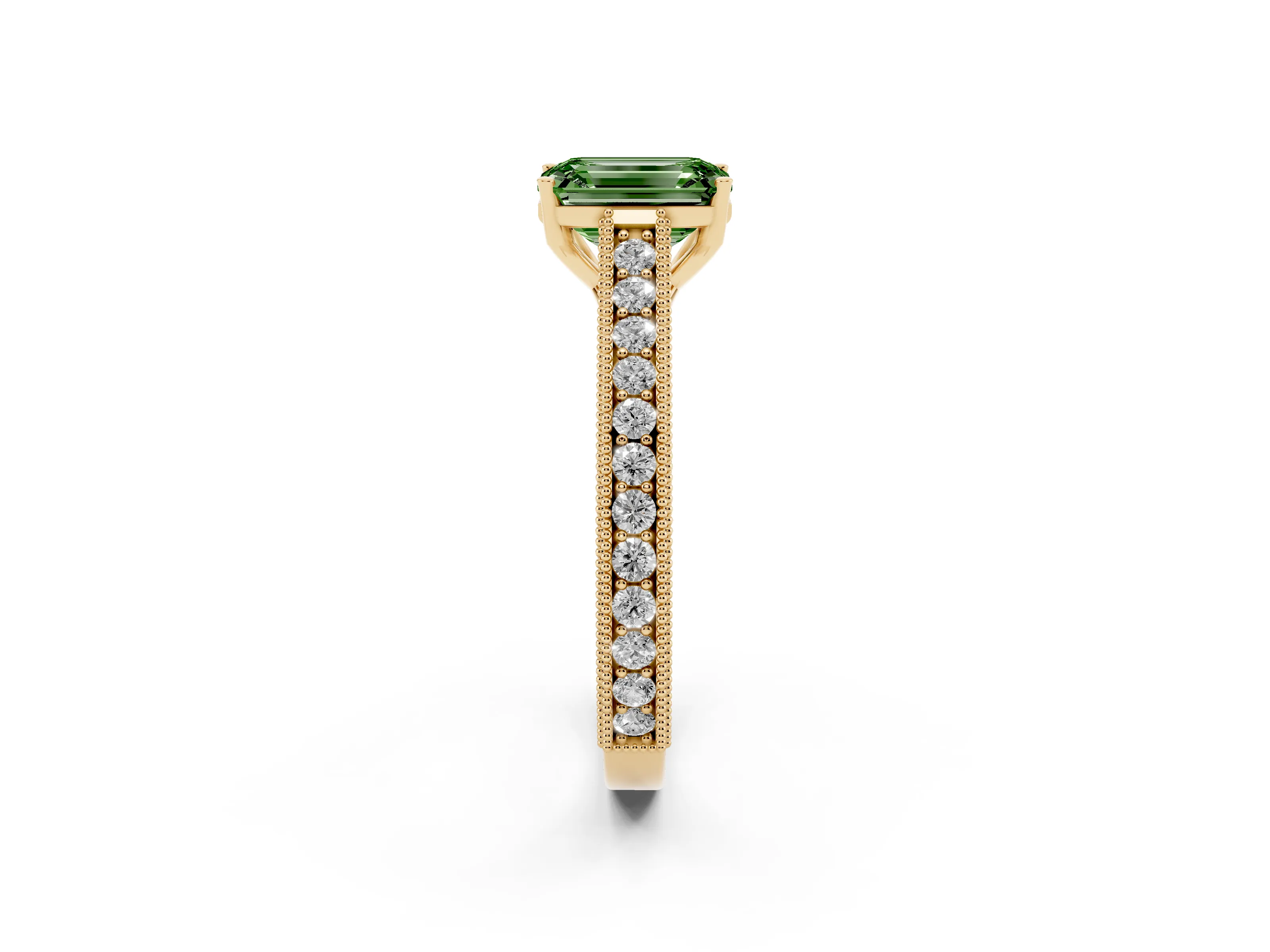 Fancy Green Emerald Cut Diamond Milgrain Pavé Band Solitaire Ring Set in Yellow gold with Prong Setting