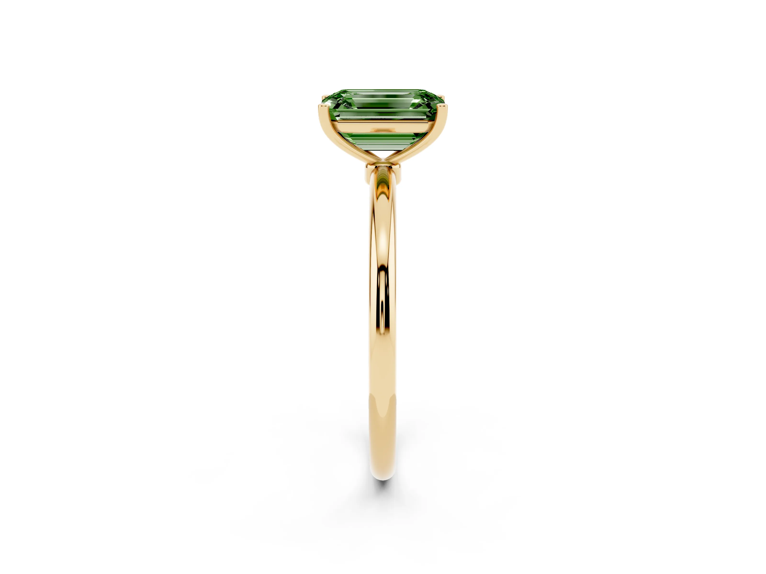 Fancy Green Emerald Cut Diamond Solitaire Engagement Ring Set in Yellow gold with Thin Band and Prong Setting