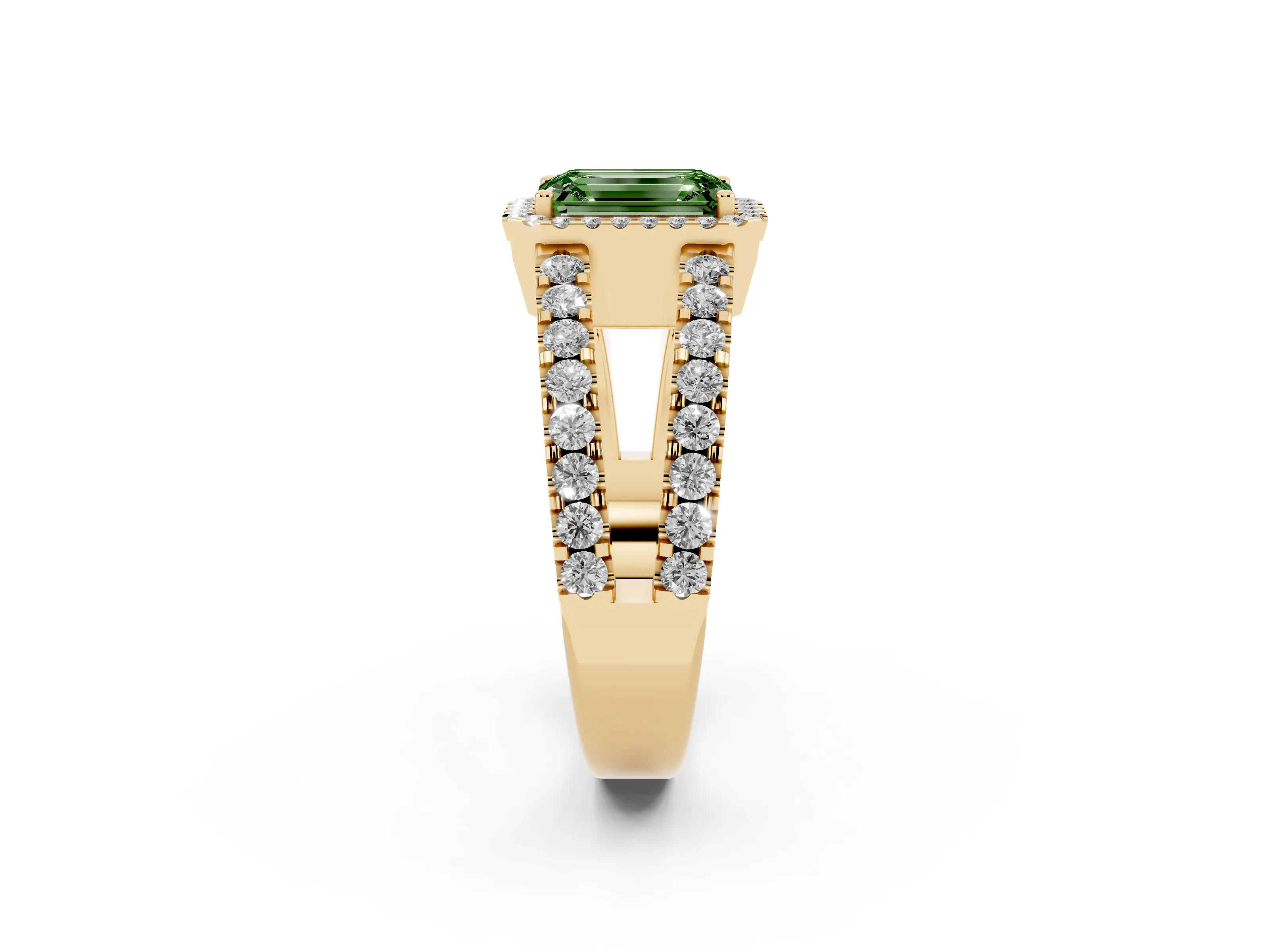 Fancy Green Emerald Cut Diamond Halo Ring Set in Yellow gold with Pavé Split Shank and Prong Setting