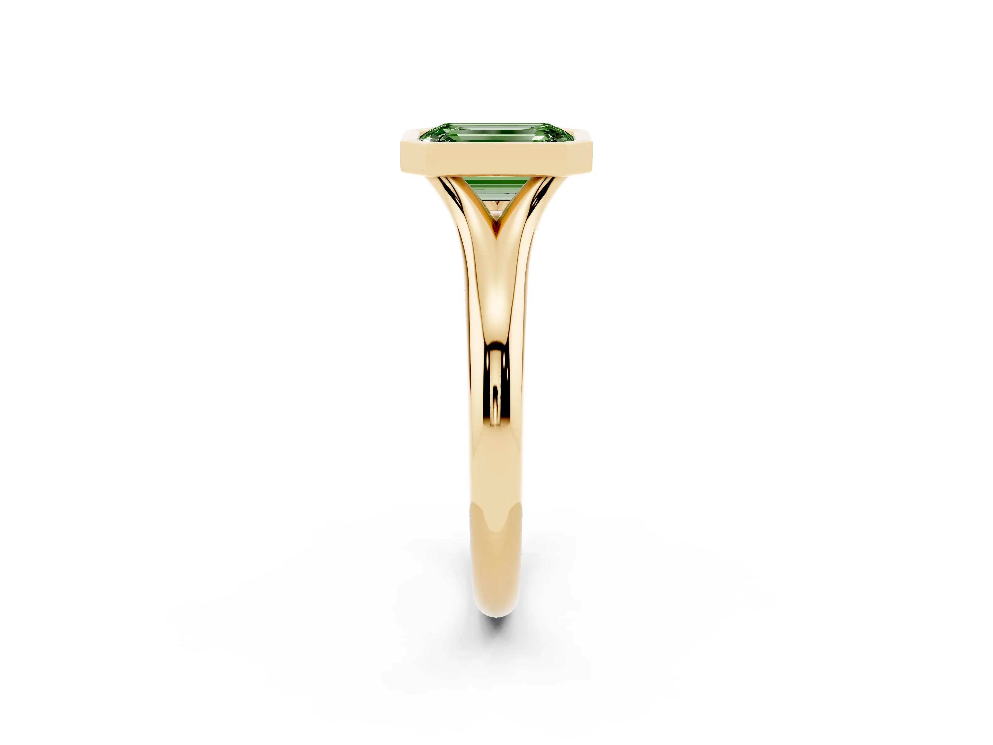Fancy Green Bezel Set Emerald Cut Diamond Solitaire Ring Set in Yellow gold with Smooth Band