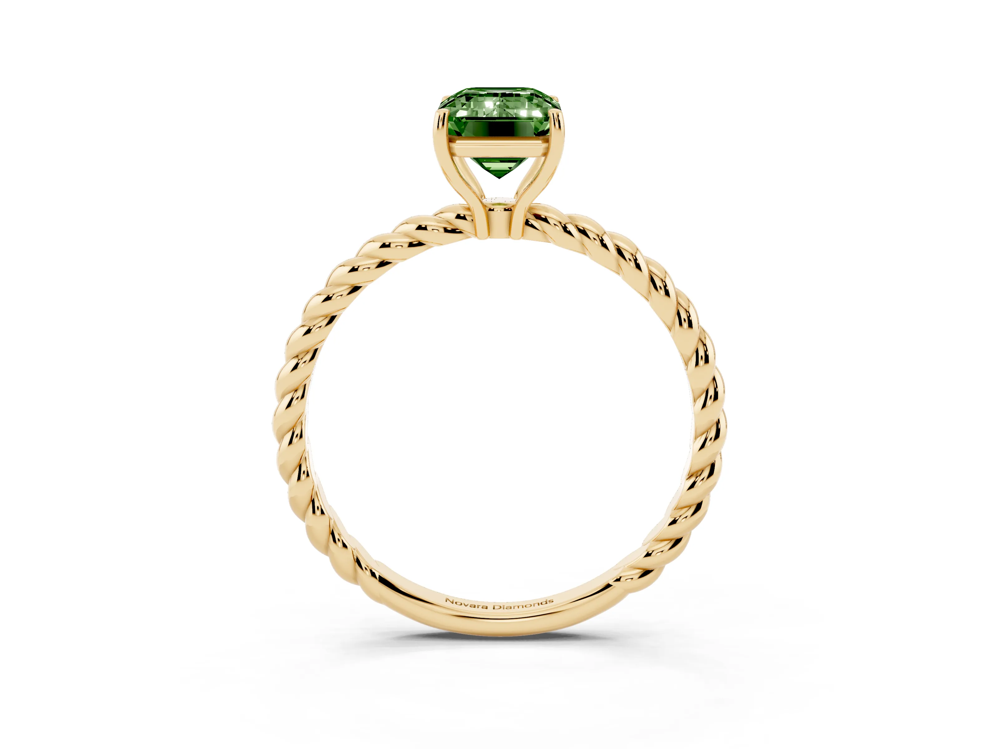 Fancy Green Emerald Cut Diamond Solitaire Ring Set in Yellow gold with Twist Band and Prong Setting