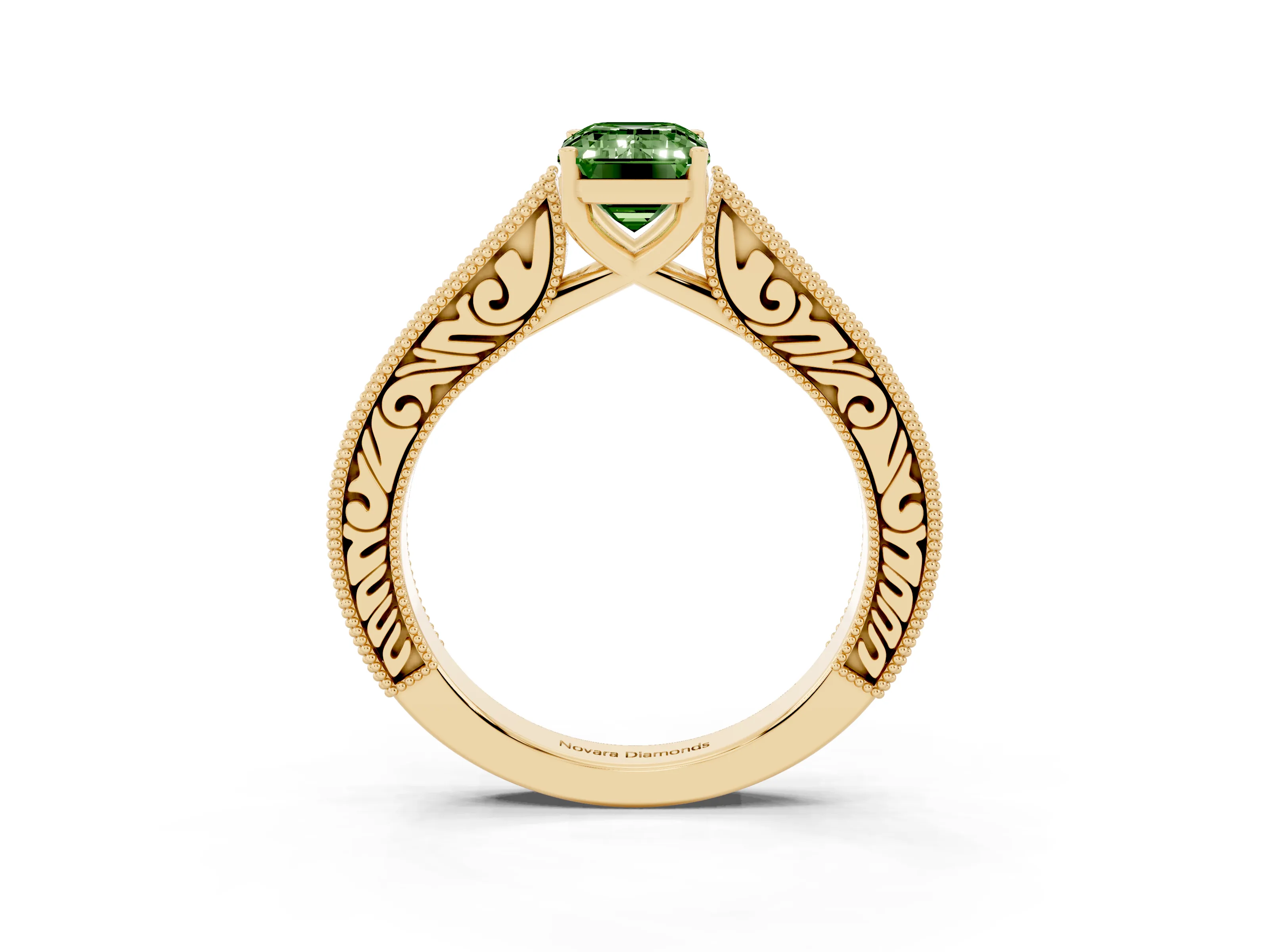 Fancy Green Emerald Cut Diamond Milgrain Pavé Band Solitaire Ring Set in Yellow gold with Prong Setting