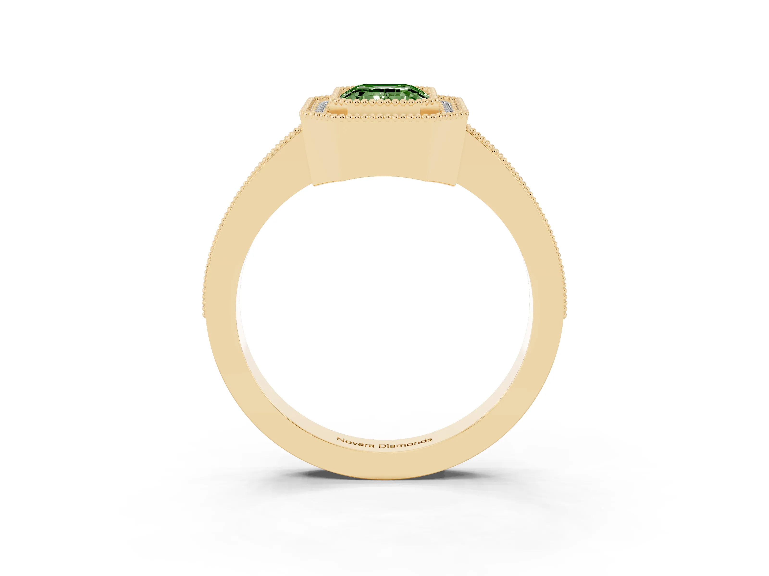 Fancy Green Emerald Cut Diamond Halo Engagement Ring Set in Yellow gold with Pavé Band and Round Halo Stones
