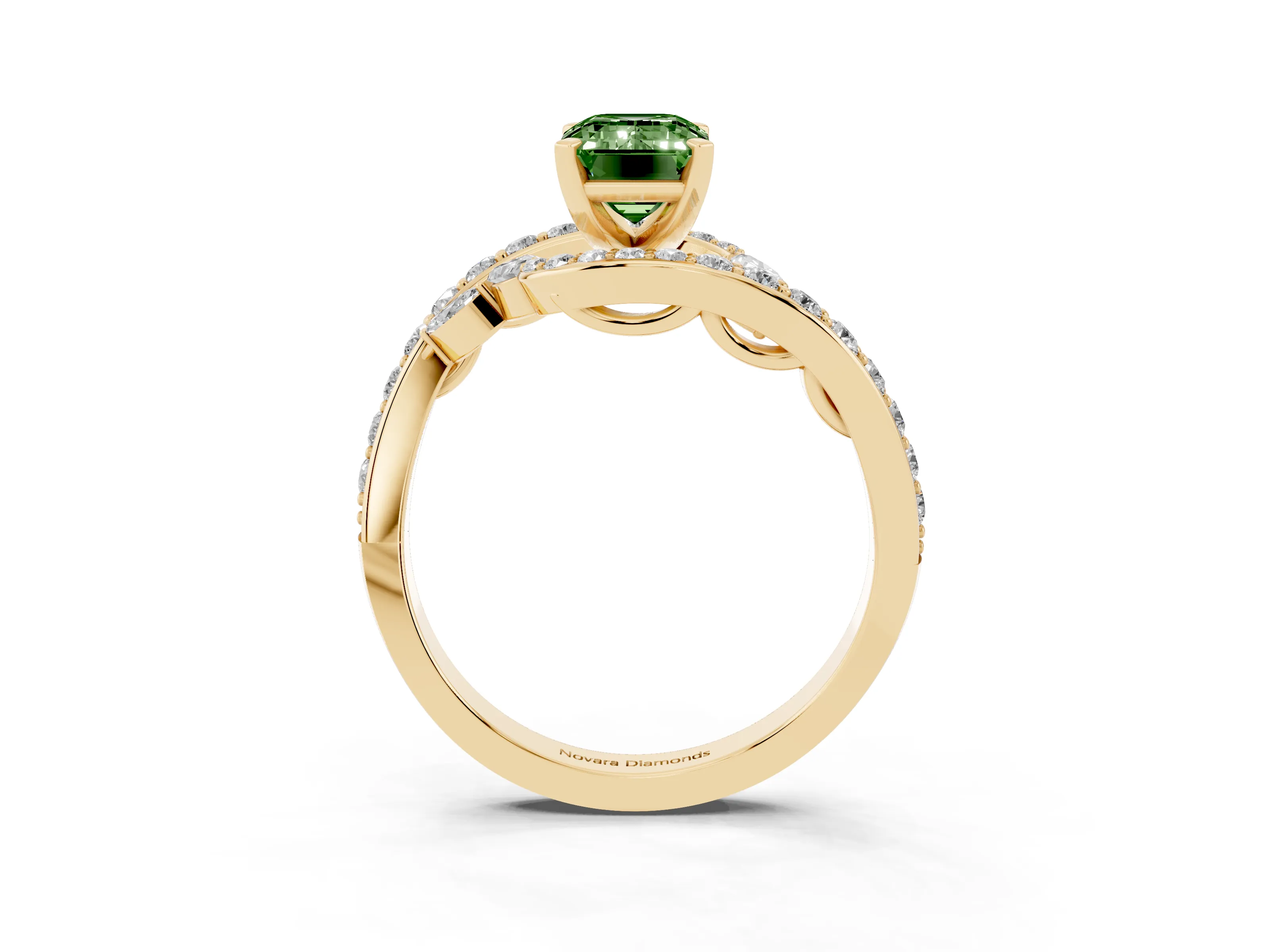 Fancy Green Emerald Cut Diamond Solitaire Ring Set in Yellow gold with Pavé Twist Band and Secure Prong Setting