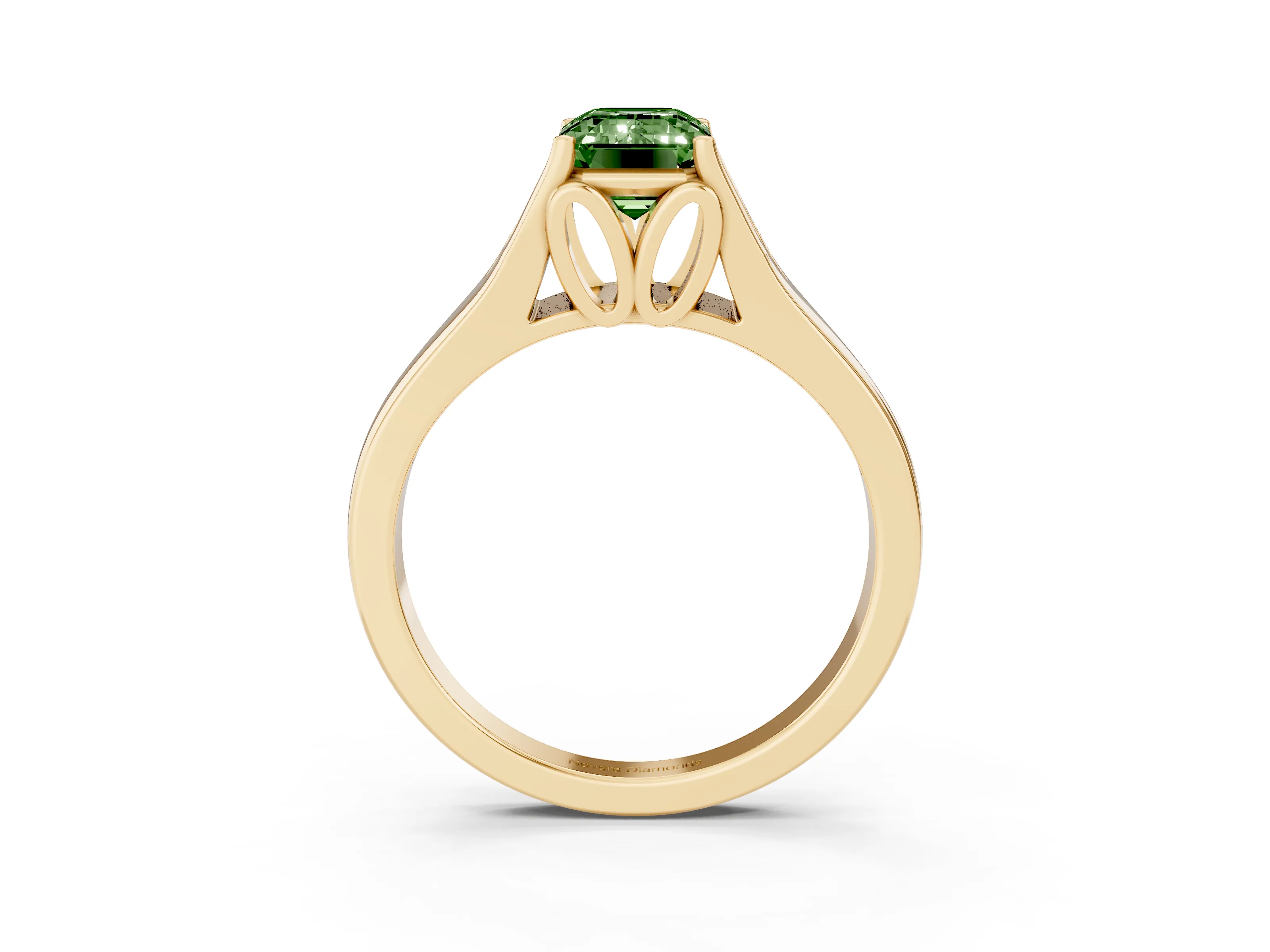 Fancy Green Emerald Cut Diamond Solitaire Ring Set in Yellow gold with Arched Cathedral Band and Prong Setting