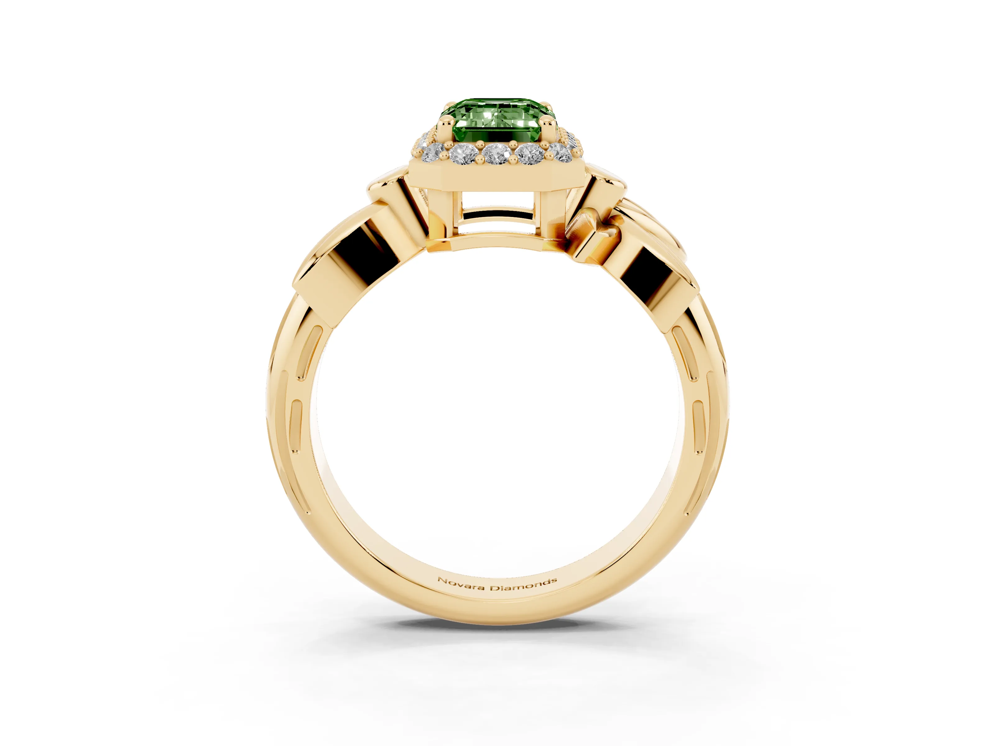 Fancy Green Emerald Cut Diamond Halo Floral Band Ring Set in Yellow gold with Prong Setting
