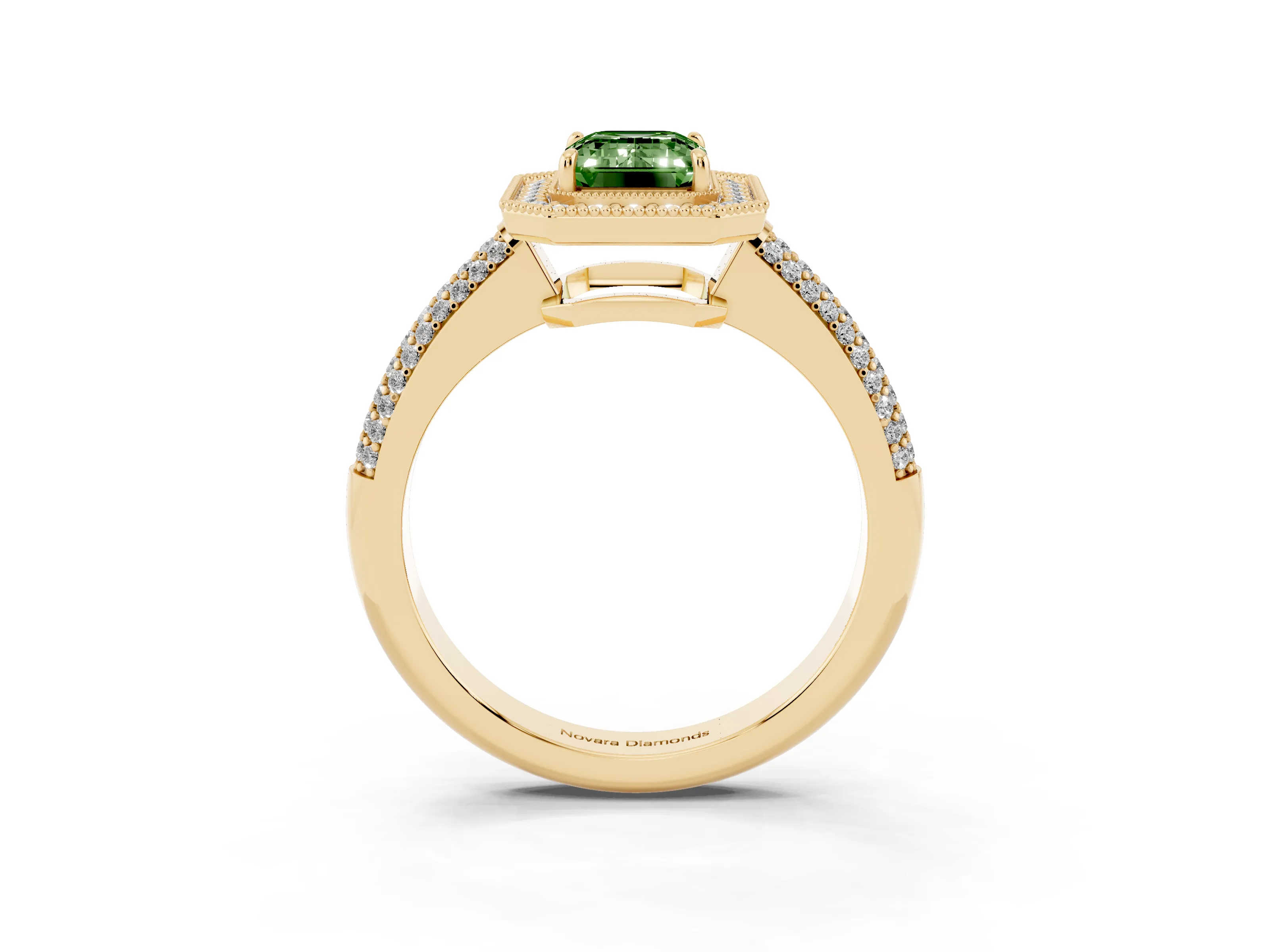 Fancy Green Emerald Cut Diamond Halo Pavé Band Set in Yellow gold with Prong Setting