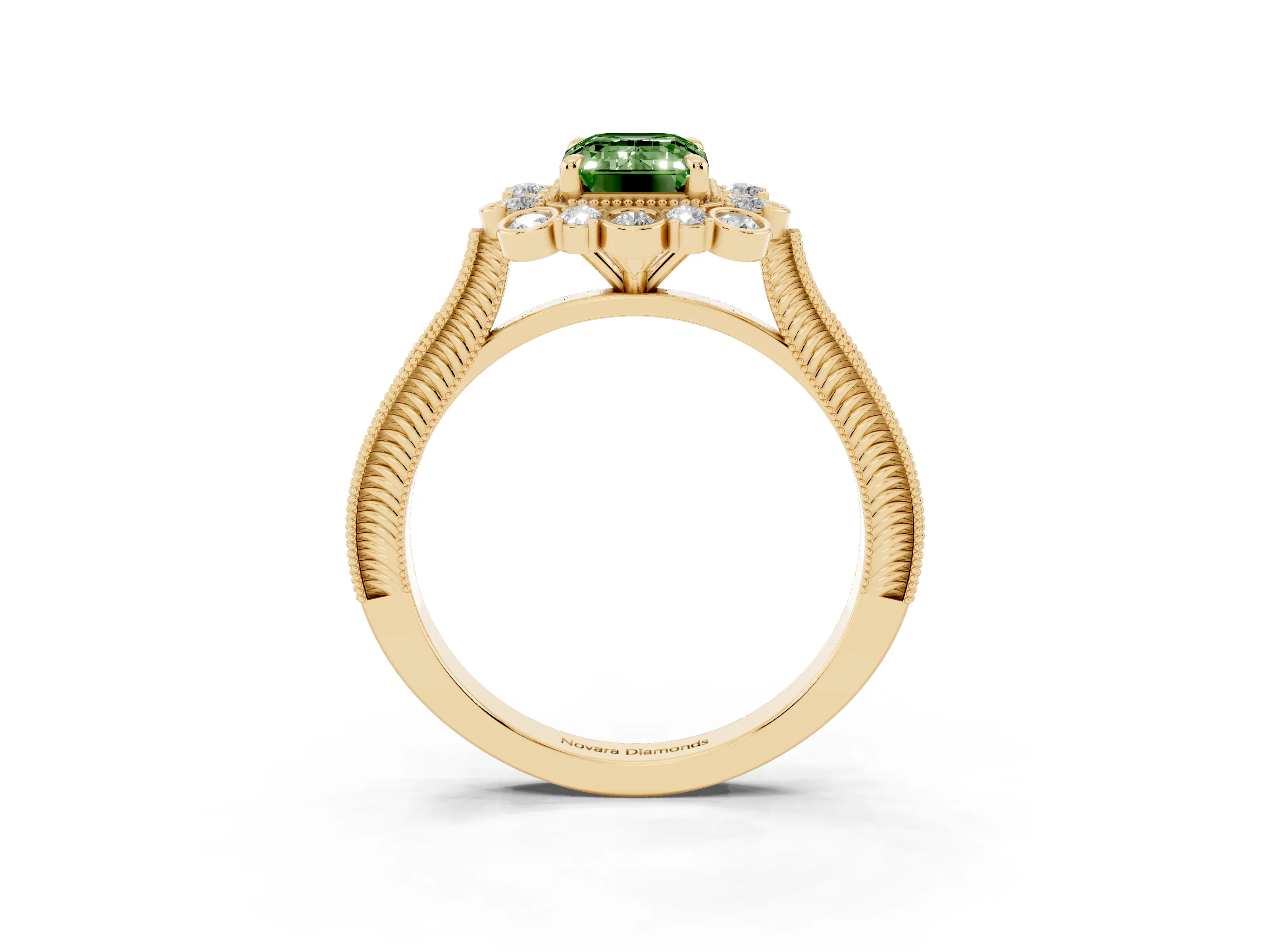 Fancy Green Emerald Cut Diamond Halo Milgrain Pavé Ring Set in Yellow gold with Prong Setting
