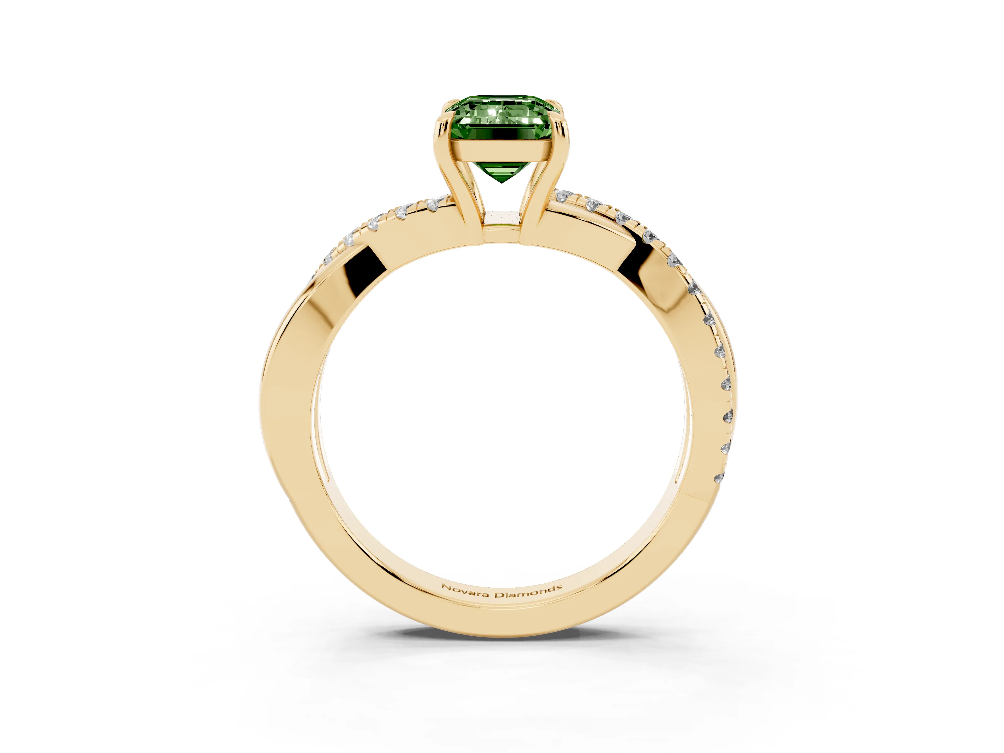 Fancy Green Emerald Cut Diamond Twisted Pavé Band Ring Set in Yellow gold with Prong Setting