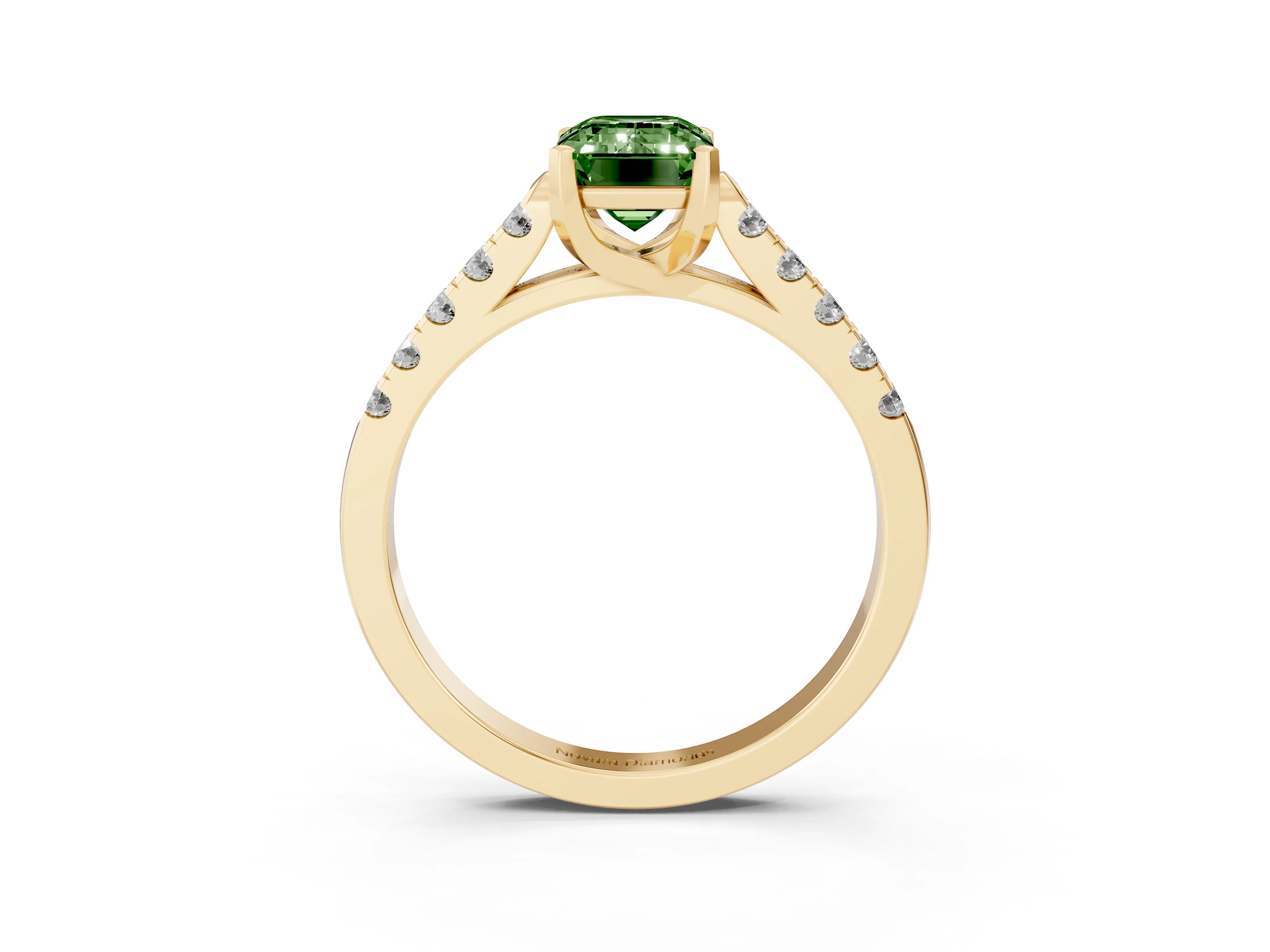 Fancy Green Emerald Cut Diamond Pavé Band Solitaire Ring Set in Yellow gold with Partway Accent Stones and Prong Setting