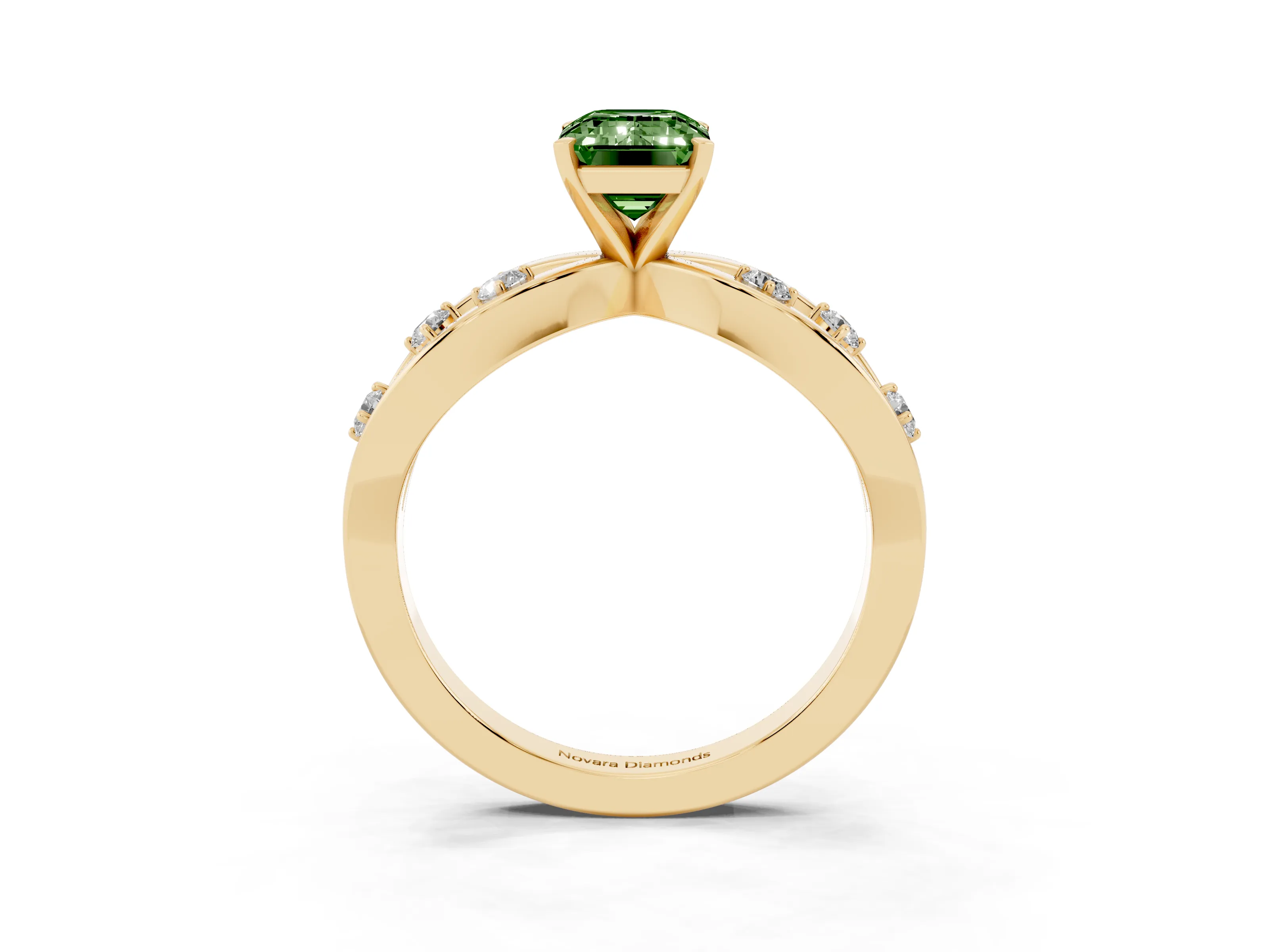 Fancy Green Emerald Cut Diamond Solitaire Ring Set in Yellow gold with Side Stones on Criss-Cross Band and Prong Setting