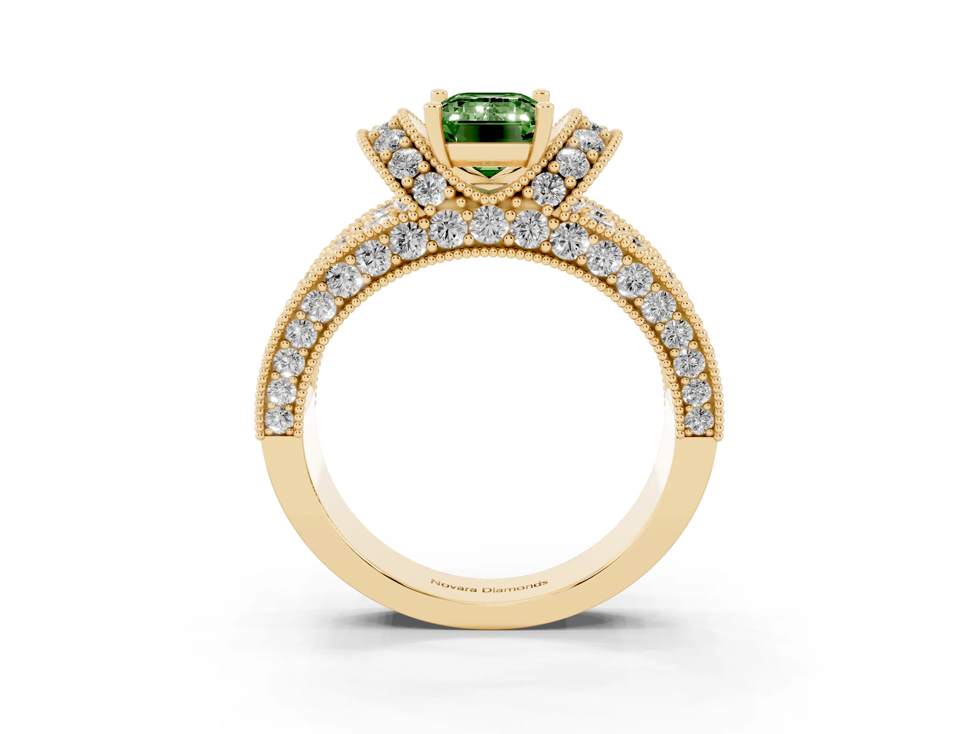 Fancy Green Emerald Cut Diamond Milgrain Halo Pavé Engagement Ring Set in Yellow gold with Prong Setting