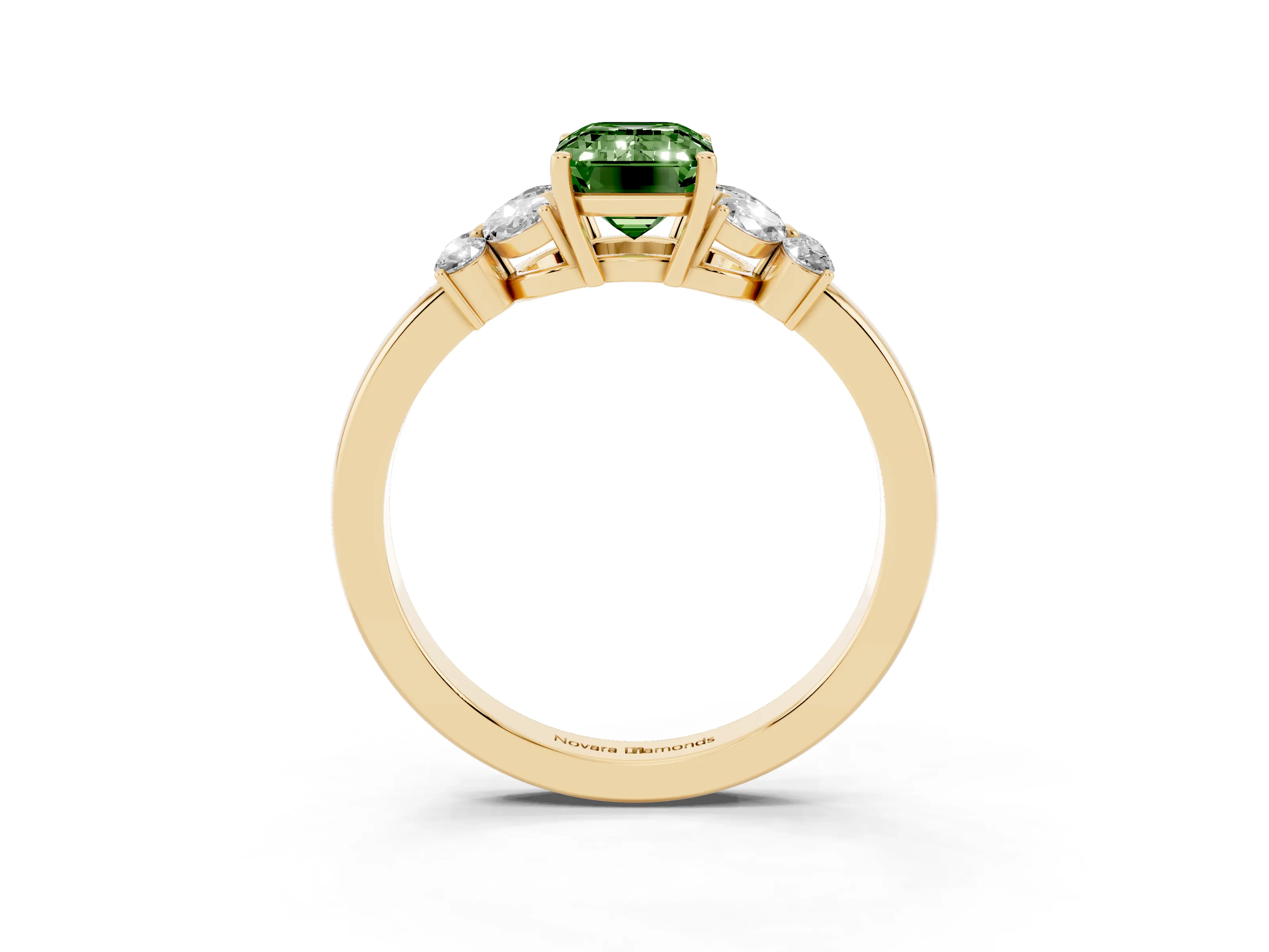 Fancy Green Emerald Cut Diamond Solitaire Floral Ring Set in Yellow gold with Marquise Petals and Prong Setting
