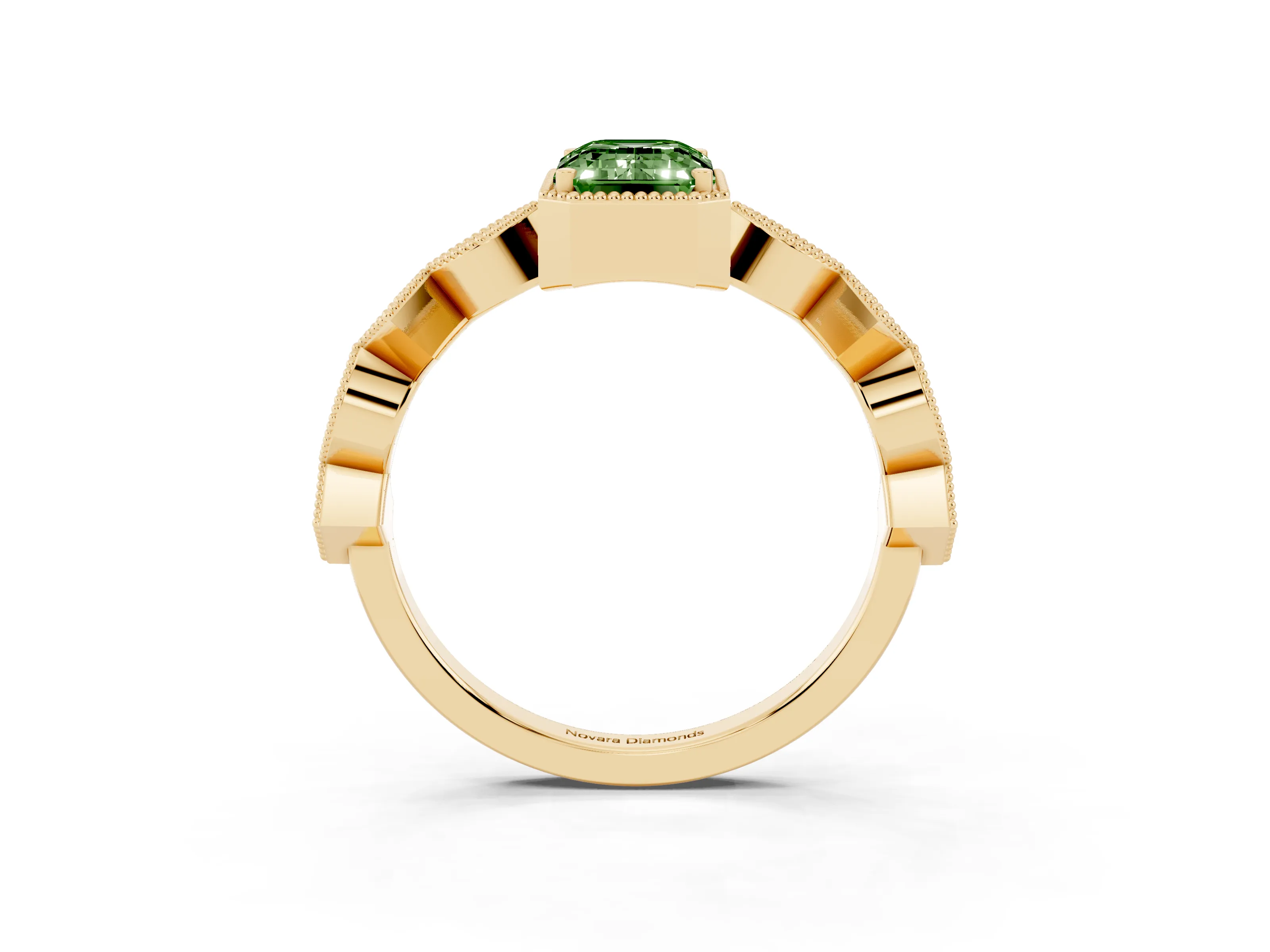 Fancy Green Emerald Cut Diamond Milgrain Marquise Twist Band Ring Set in Yellow gold with Prong Setting
