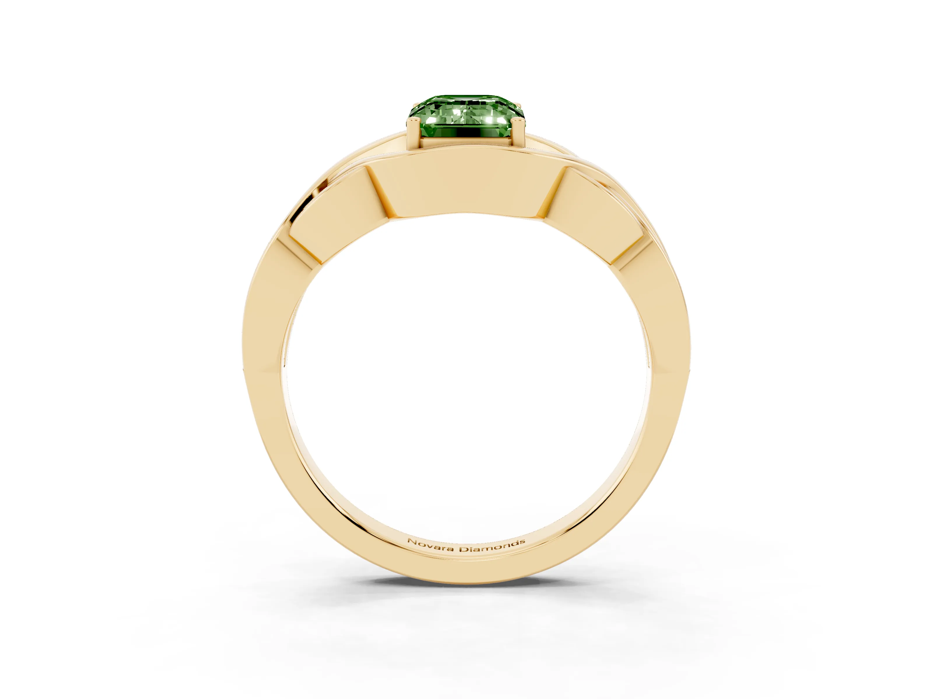 Fancy Green Emerald Cut Diamond Solitaire Ring Set in Yellow gold with Intertwined Band