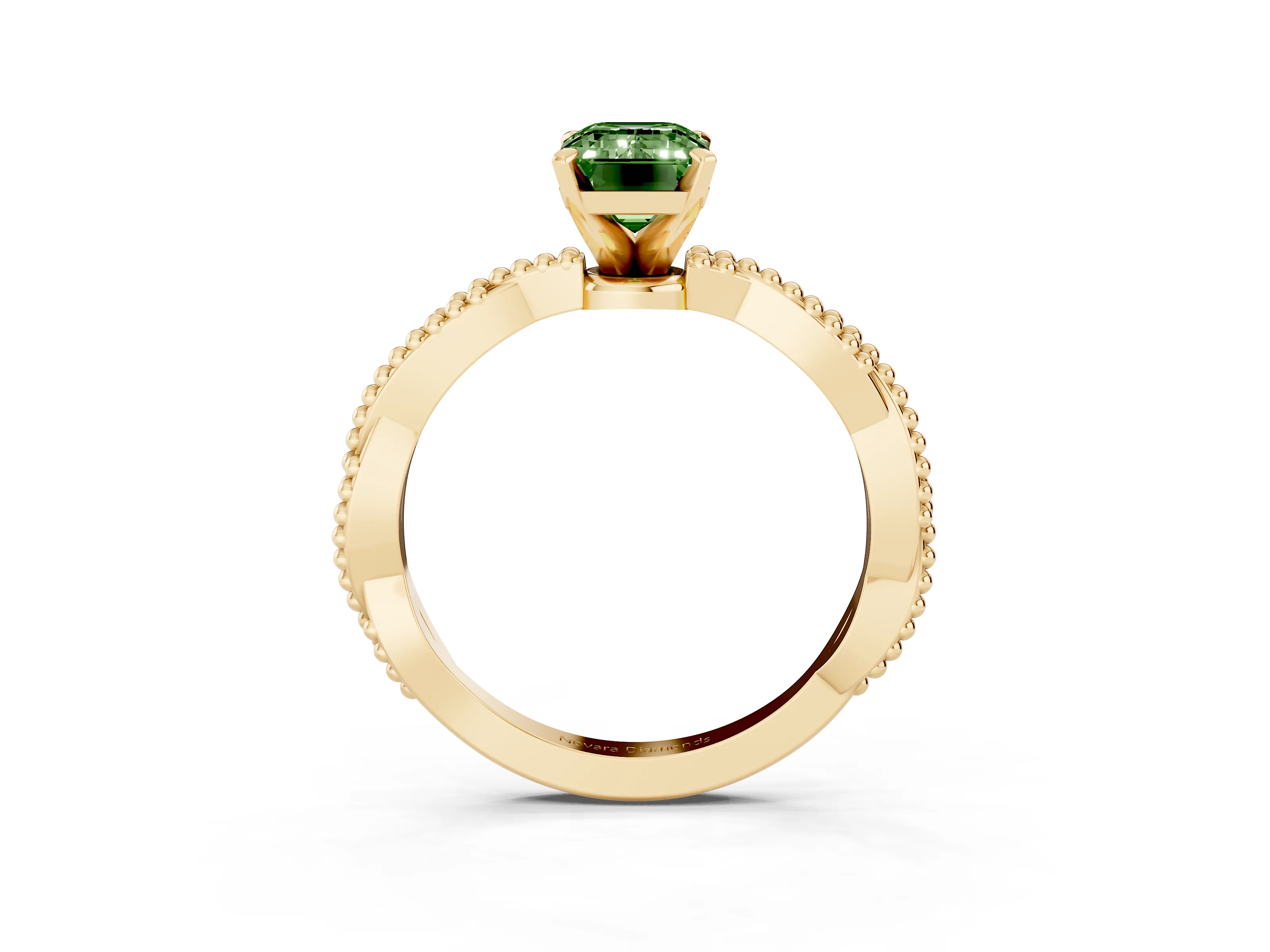 Fancy Green Emerald Cut Diamond Solitaire Ring Set in Yellow gold with Twisted Band and Bead Prong Setting