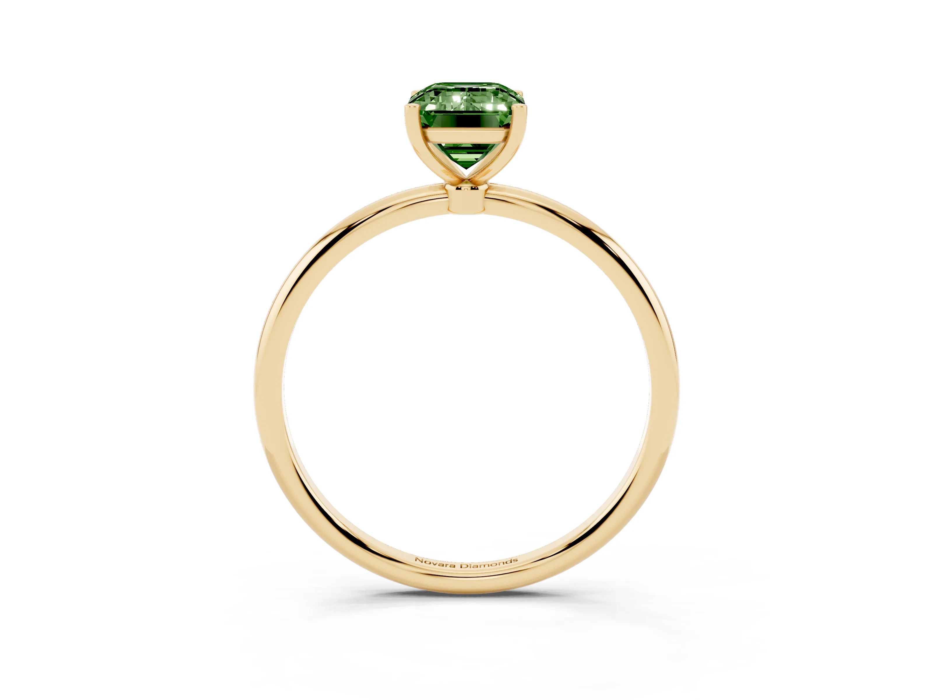 Fancy Green Emerald Cut Diamond Solitaire Engagement Ring Set in Yellow gold with Thin Band and Prong Setting