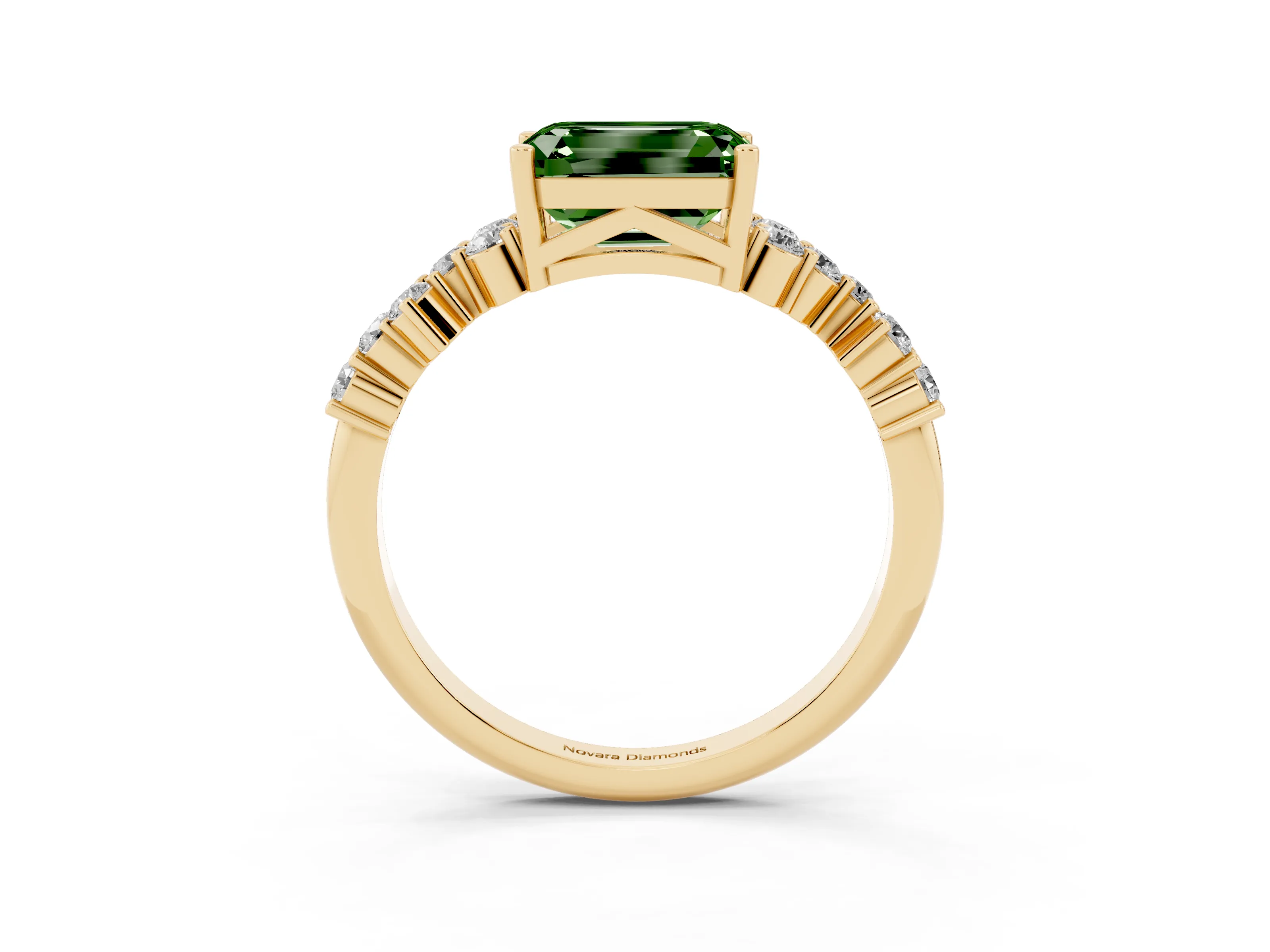 Fancy Green Emerald Cut Diamond Ring Set in Yellow gold with Scattered Round Accents
