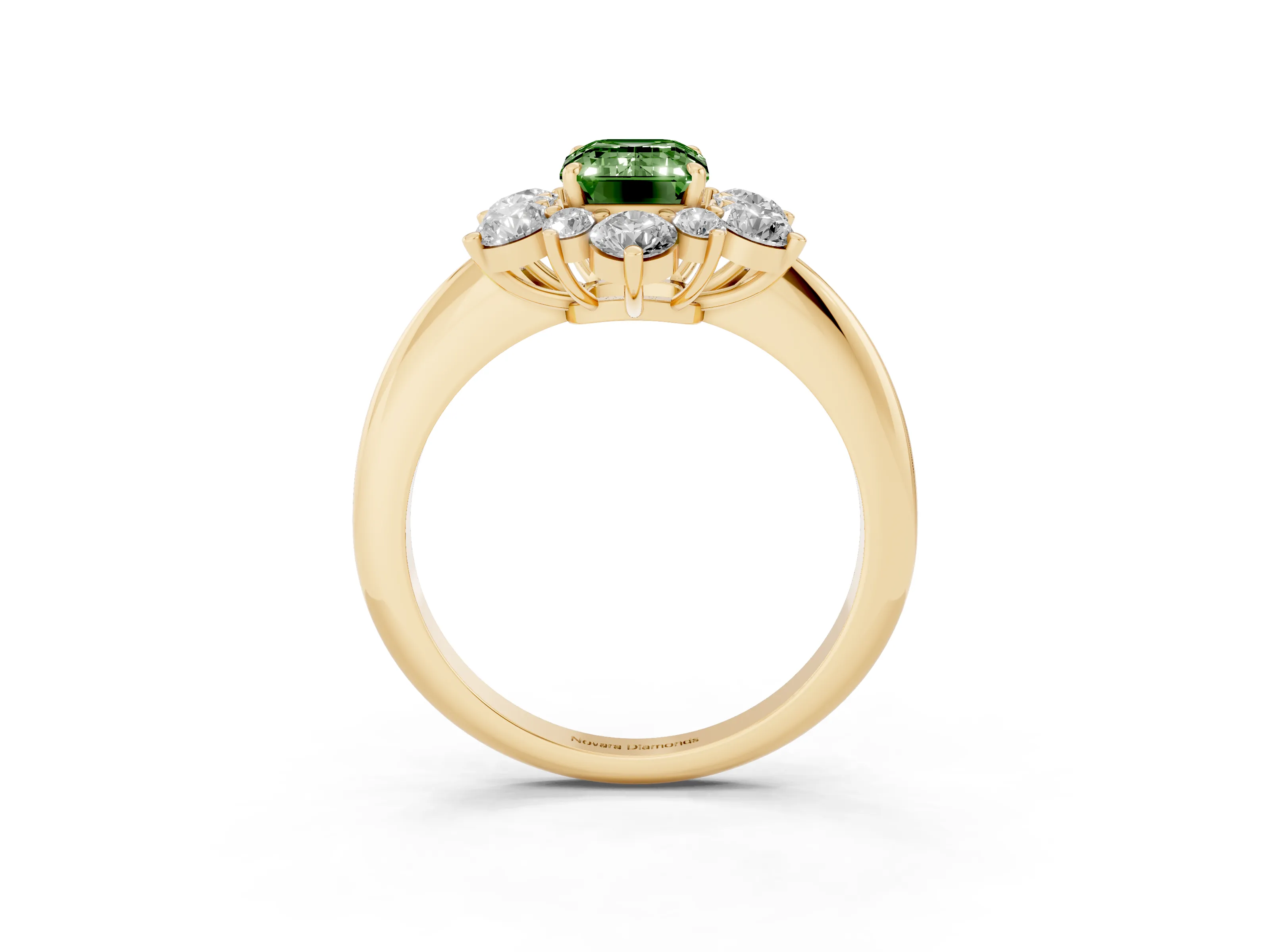 Fancy Green Emerald Cut Diamond Cluster Halo Ring Set in Yellow gold with Solitaire Band and Prong Setting