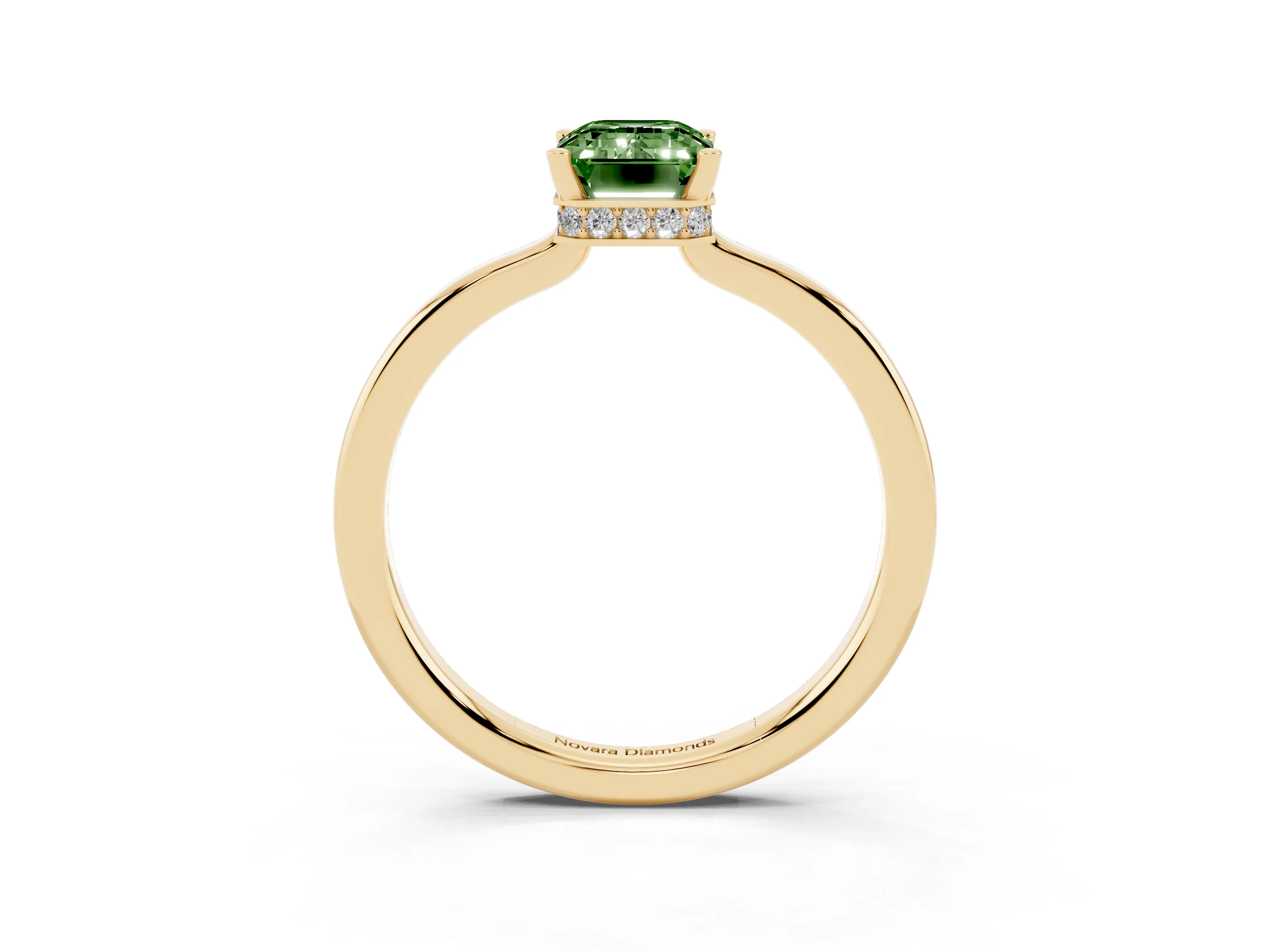 Fancy Green Emerald Cut Diamond Solitaire Engagement Ring Set in Yellow gold with Prong Setting on a Plain Band