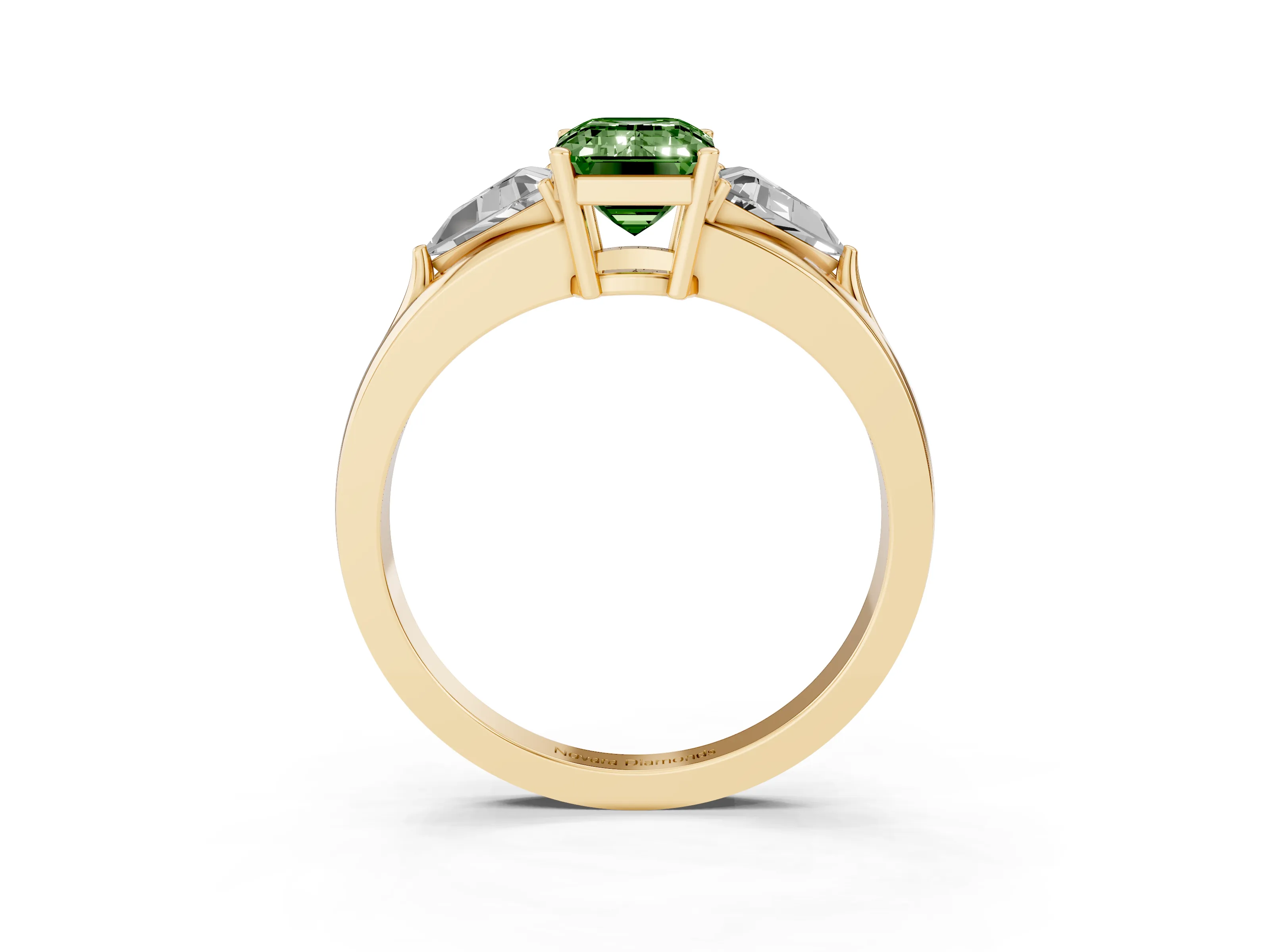 Fancy Green Emerald Cut Diamond Three-Stone Ring Set in Yellow gold with Trillion Side Stones and Split Shank
