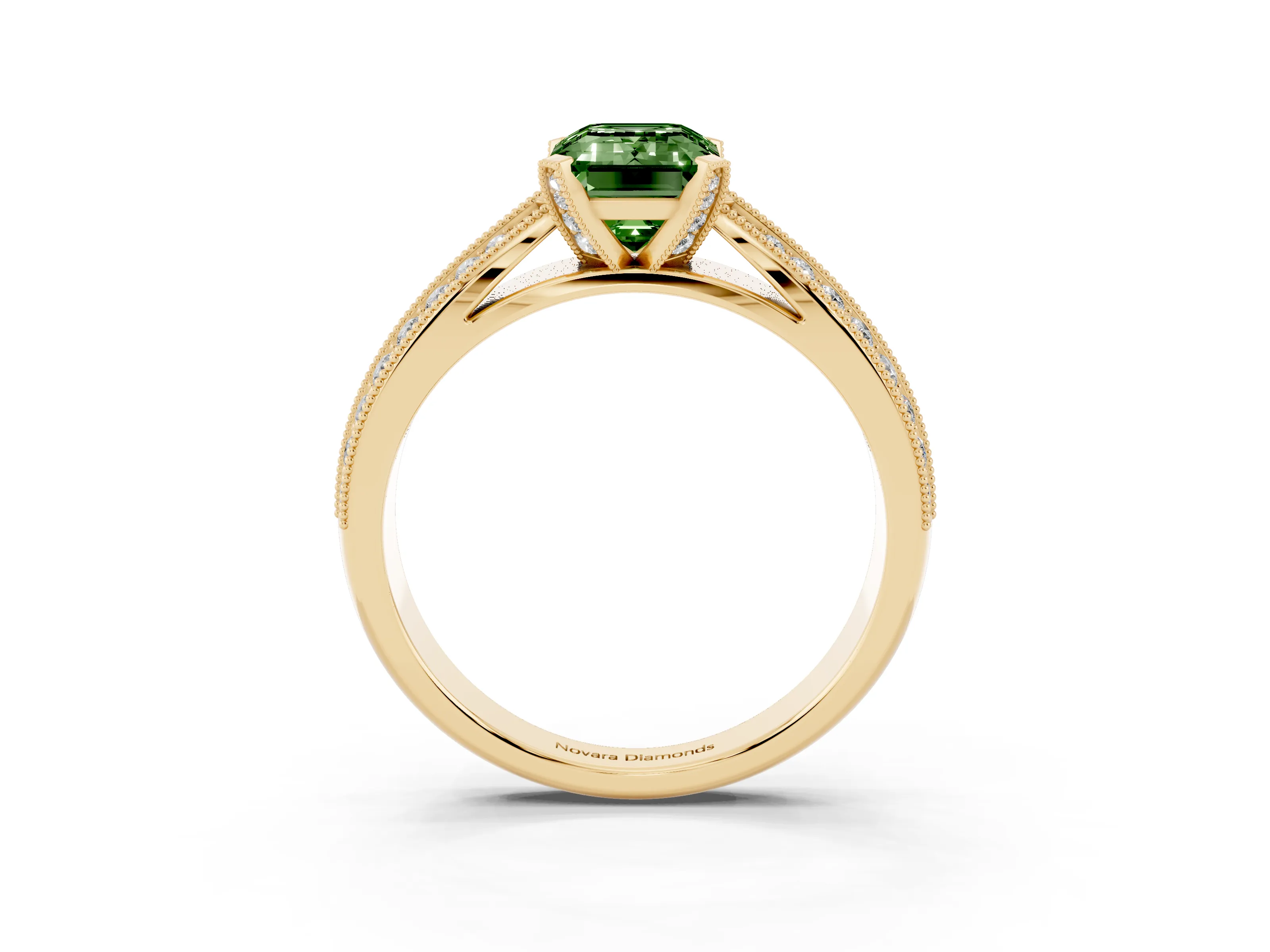 Fancy Green Emerald Cut Diamond Solitaire Ring Set in Yellow gold with Milgrain Double Row Round Pavé Band