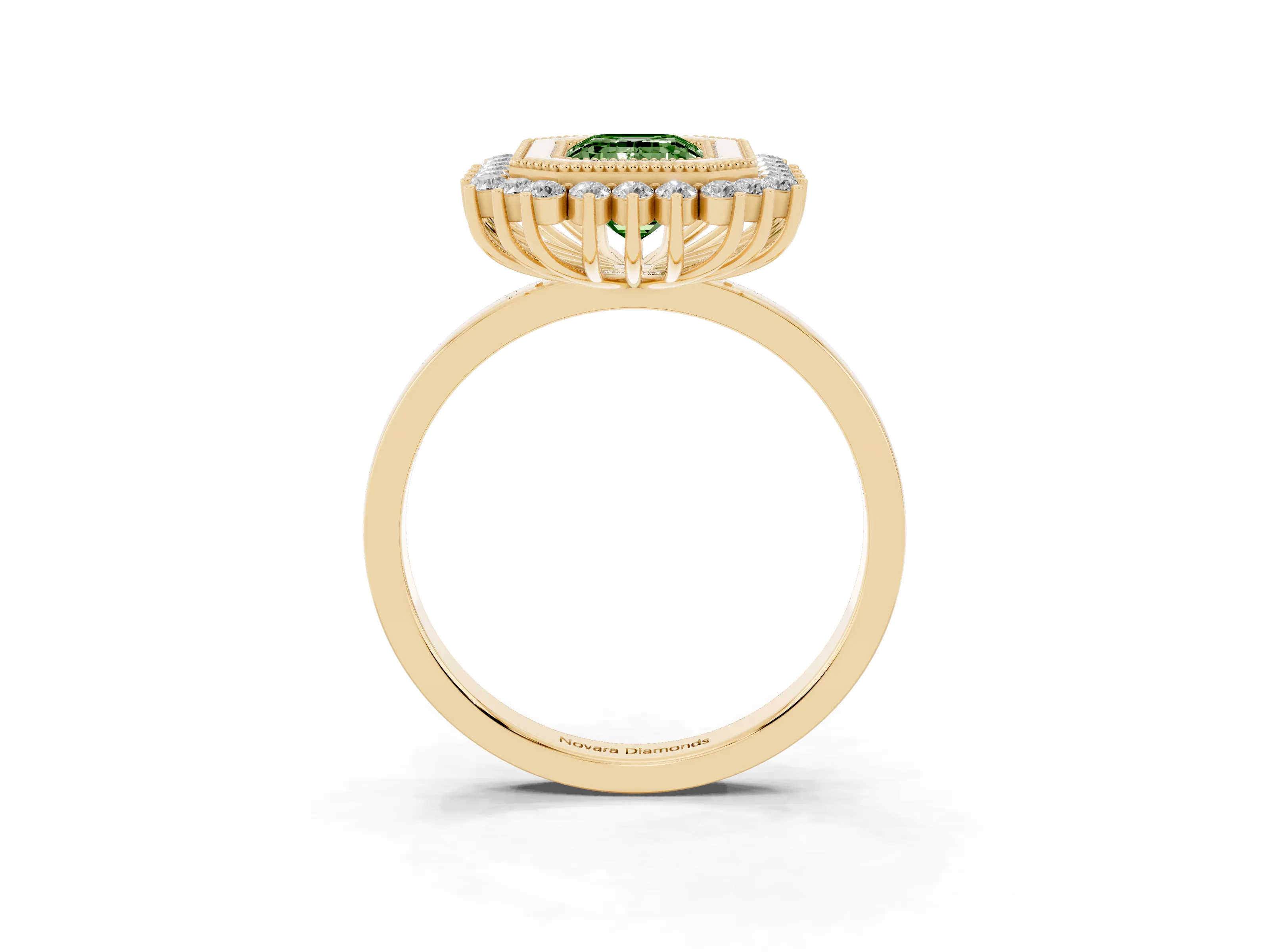 Fancy Green Emerald Cut Diamond Halo Ring Set in Yellow gold with Milgrain Edge and Round Prong Setting