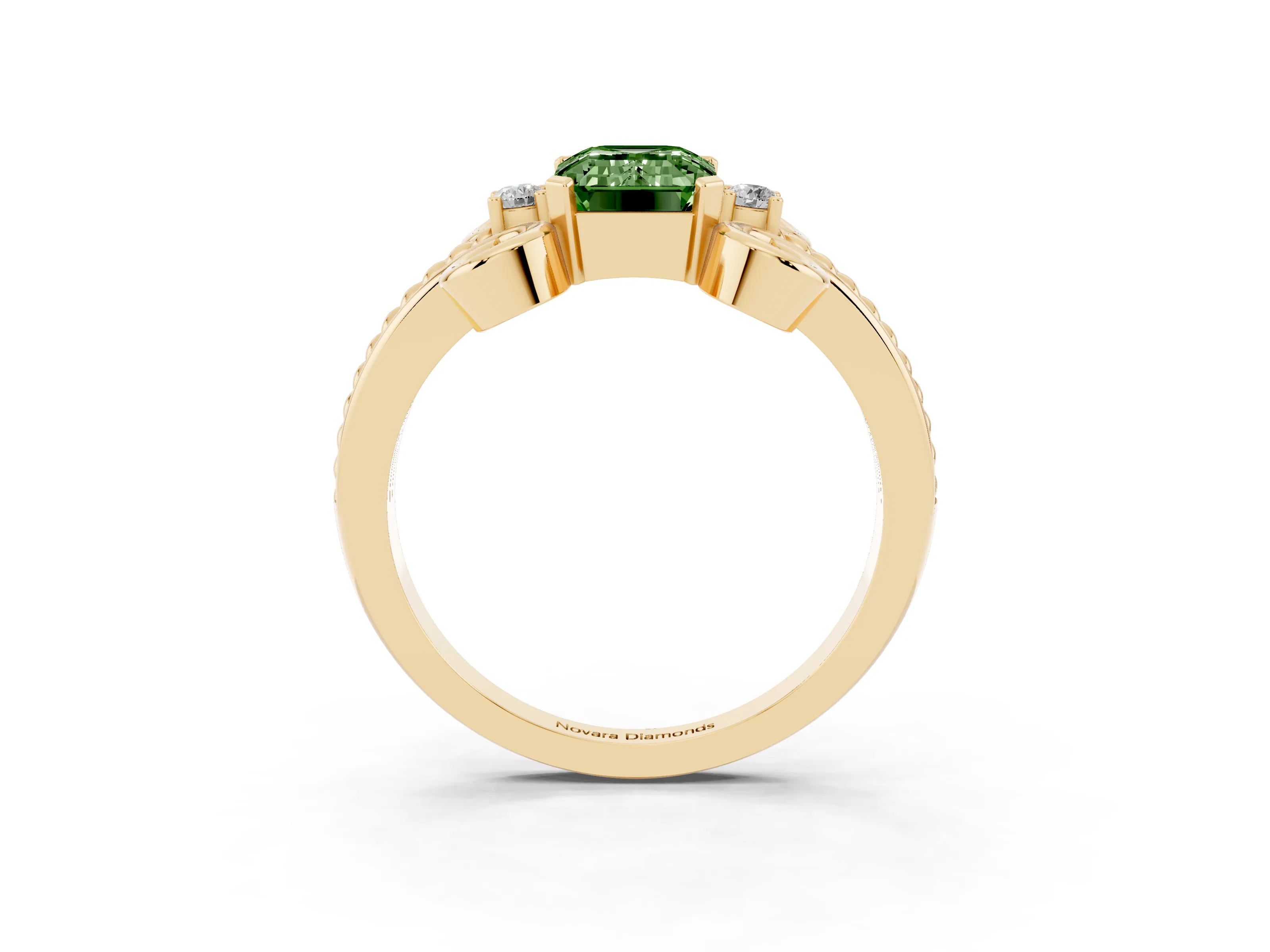 Fancy Green Emerald Cut Diamond Twisted Band Solitaire Ring Set in Yellow gold with Scroll Prongs