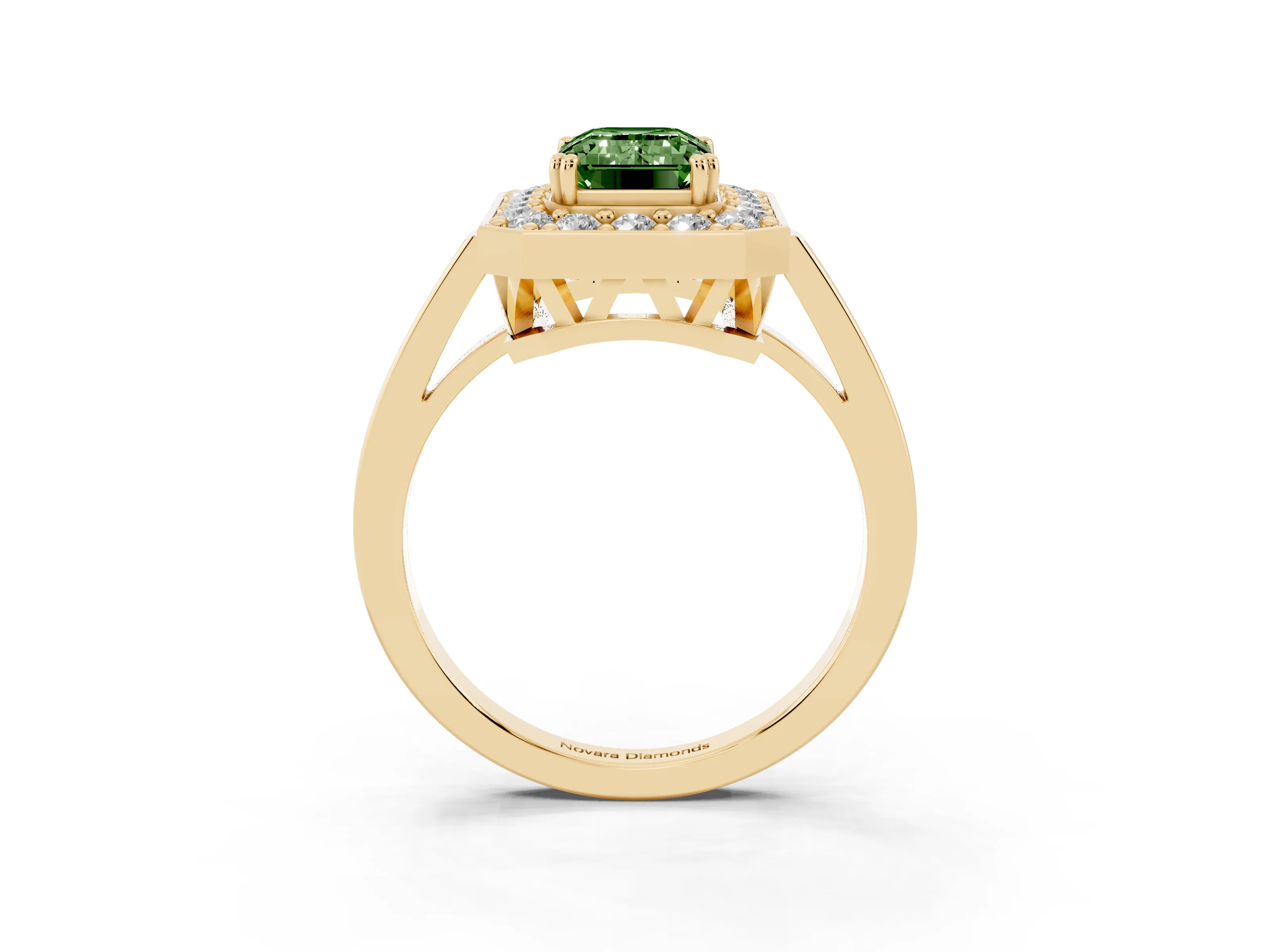 Fancy Green Emerald Cut Diamond Halo Ring Set in Yellow gold with Accent-Lined Split Shank and Prong Setting