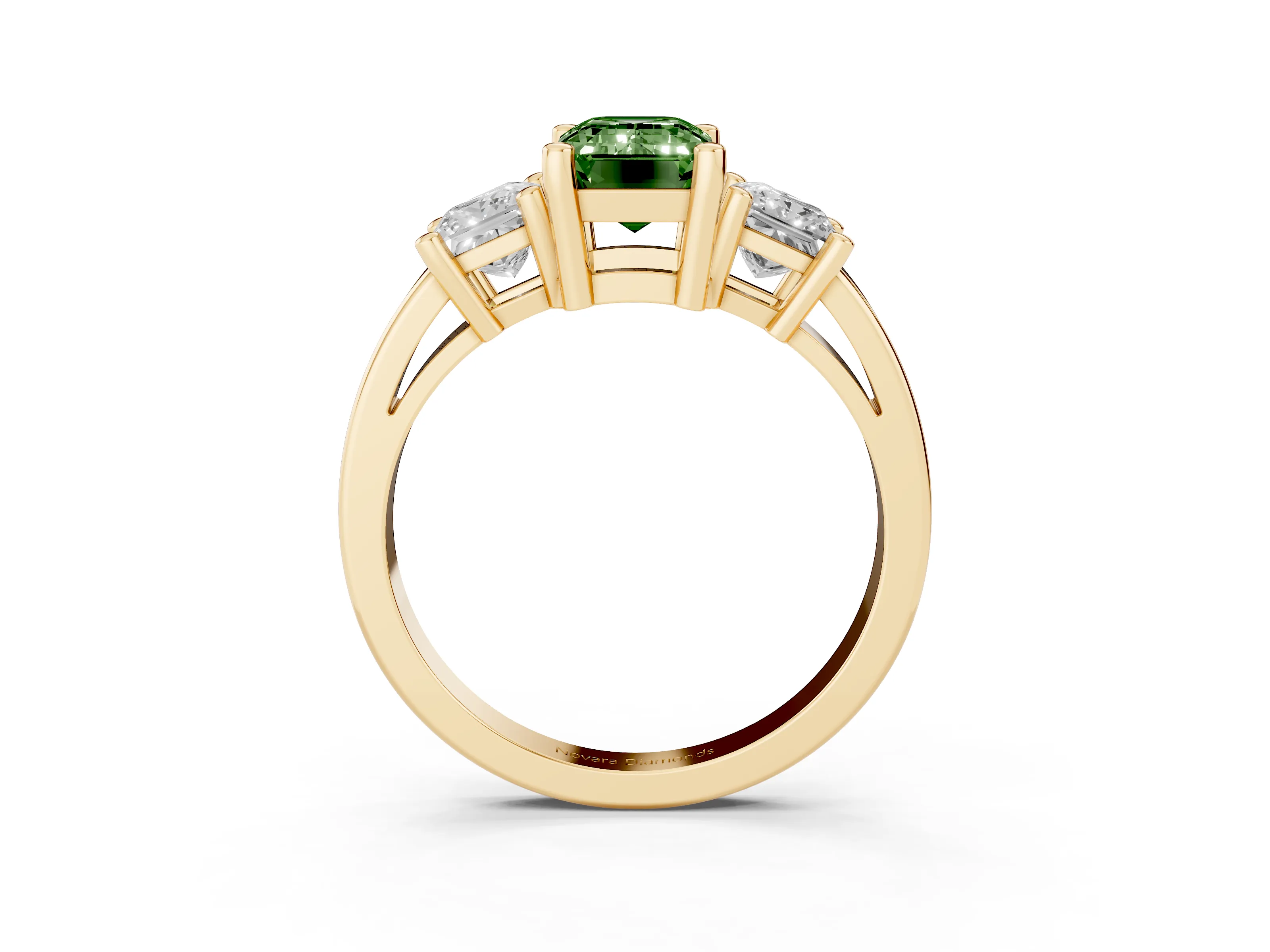 Fancy Green Three-Stone Emerald Cut Diamond Solitaire Ring Set in Yellow gold with Prong Setting