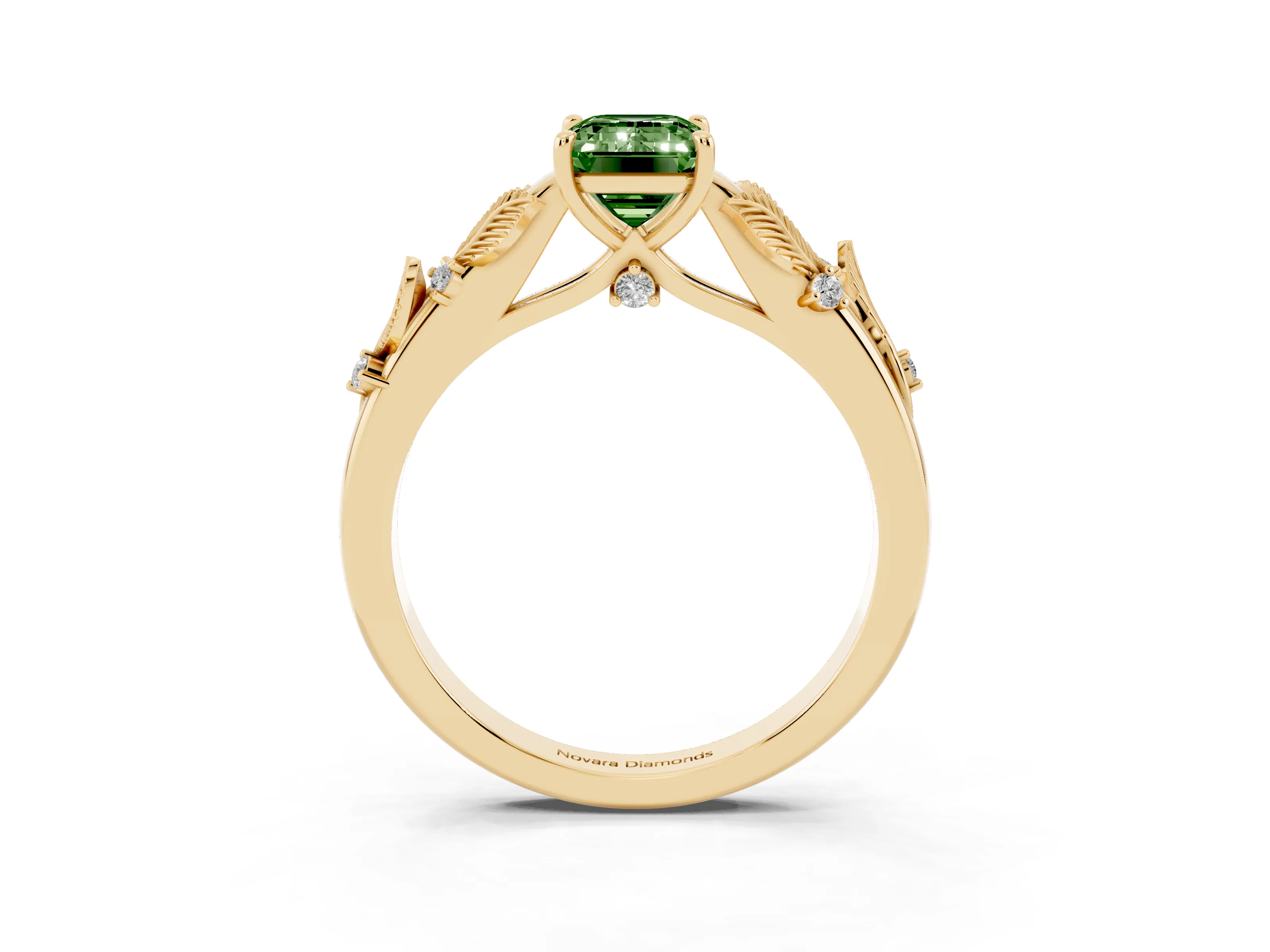 Fancy Green Emerald Cut Diamond Solitaire Ring Set in Yellow gold with Leaf Motif Band