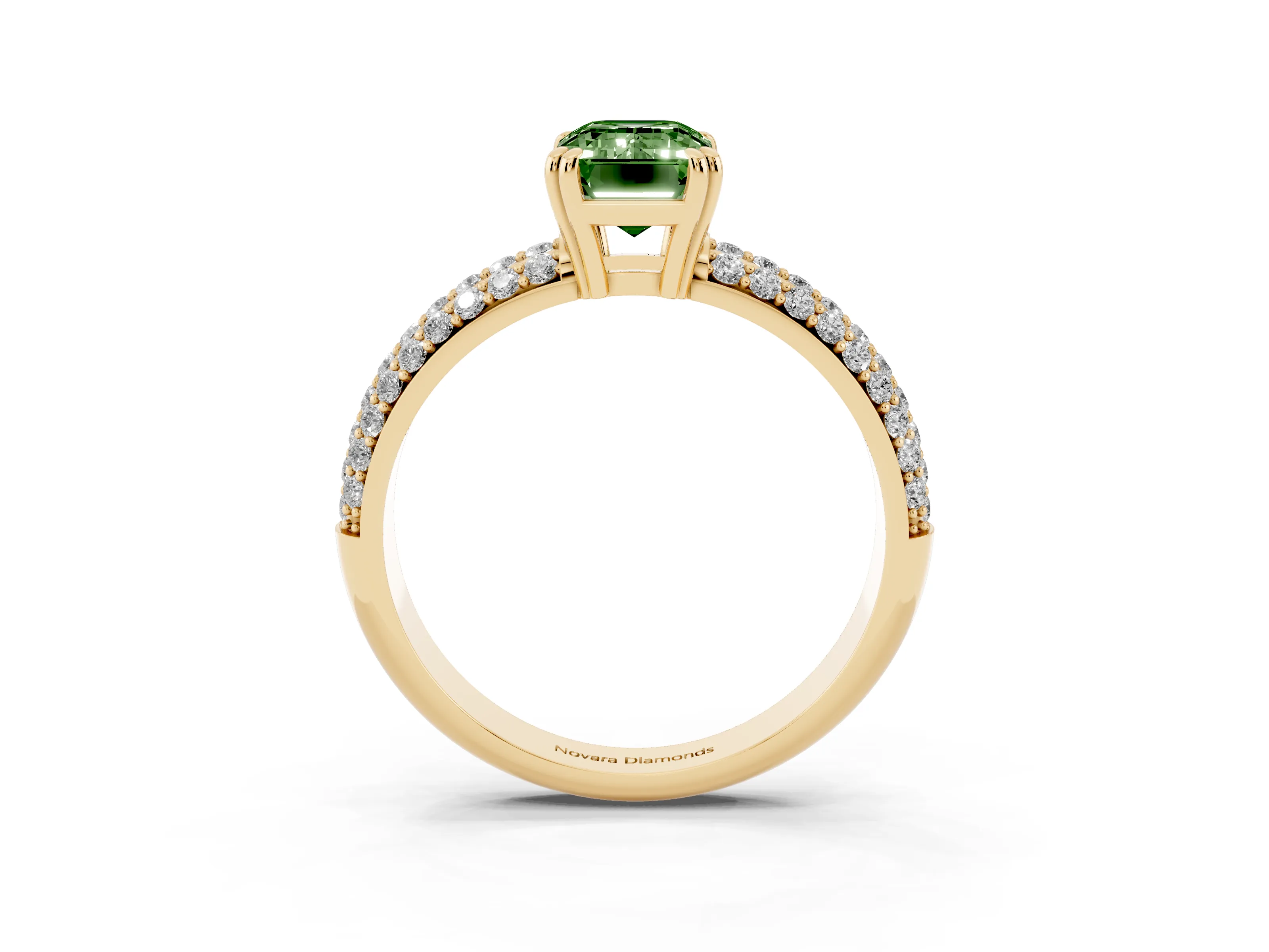 Fancy Green Emerald Cut Diamond Solitaire Ring Set in Yellow gold with Multi-Row Round Pavé Band and Prong Setting
