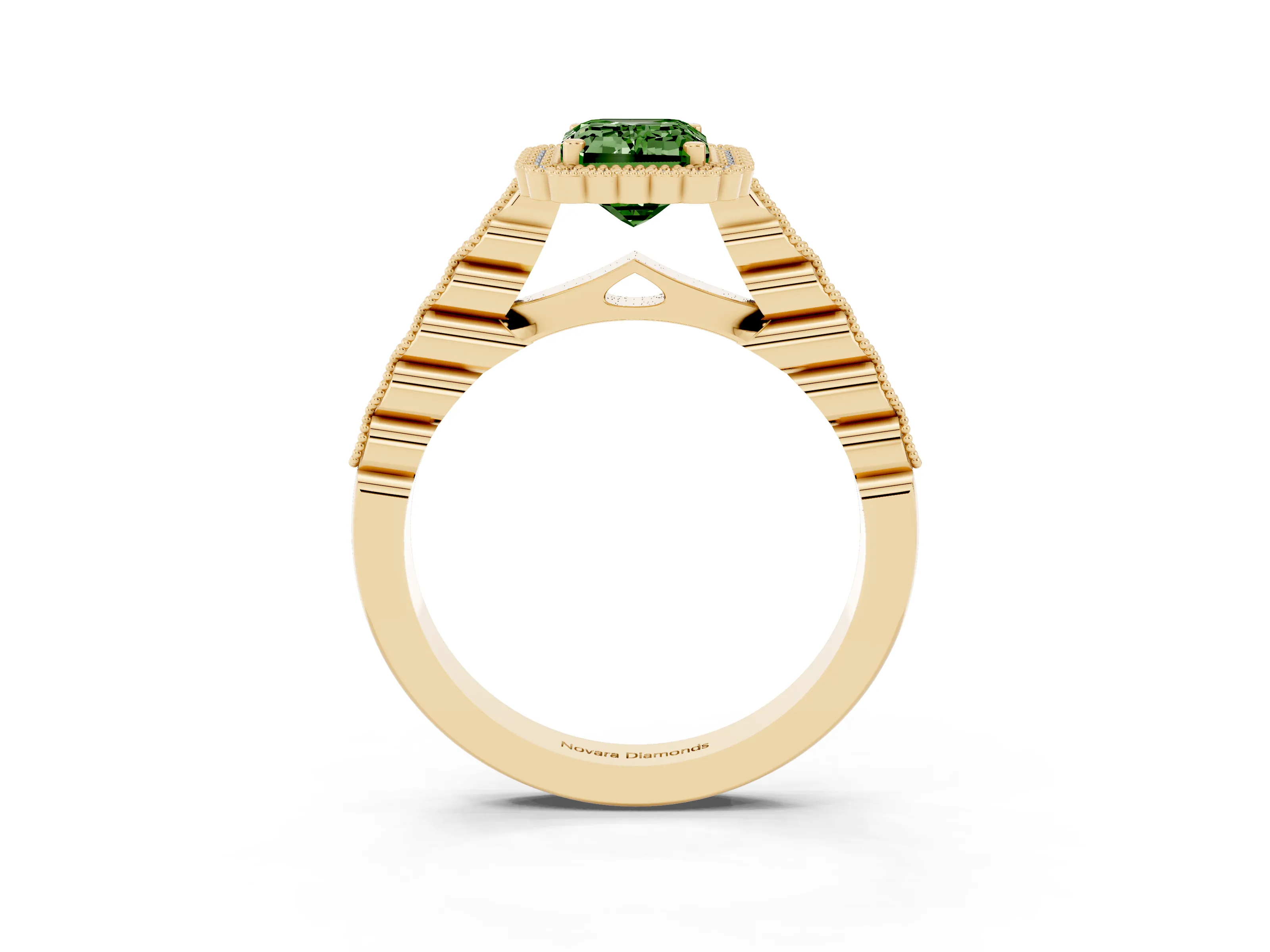 Fancy Green Emerald Cut Diamond Halo Ring Set in Yellow gold with Pavé Milgrain Band