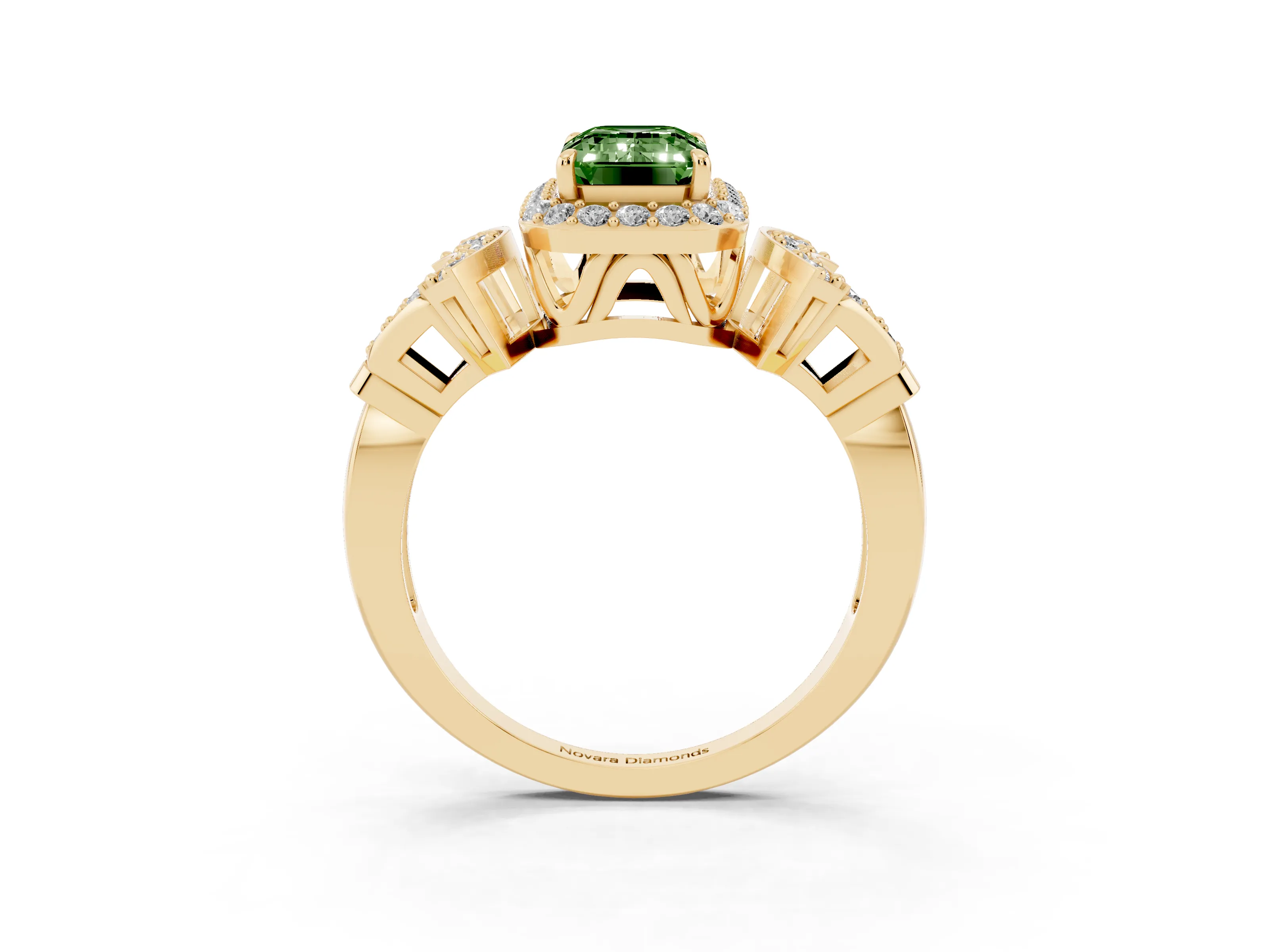 Fancy Green Emerald Cut Diamond Halo Engagement Ring Set in Yellow gold with Accent Stone Split Shank