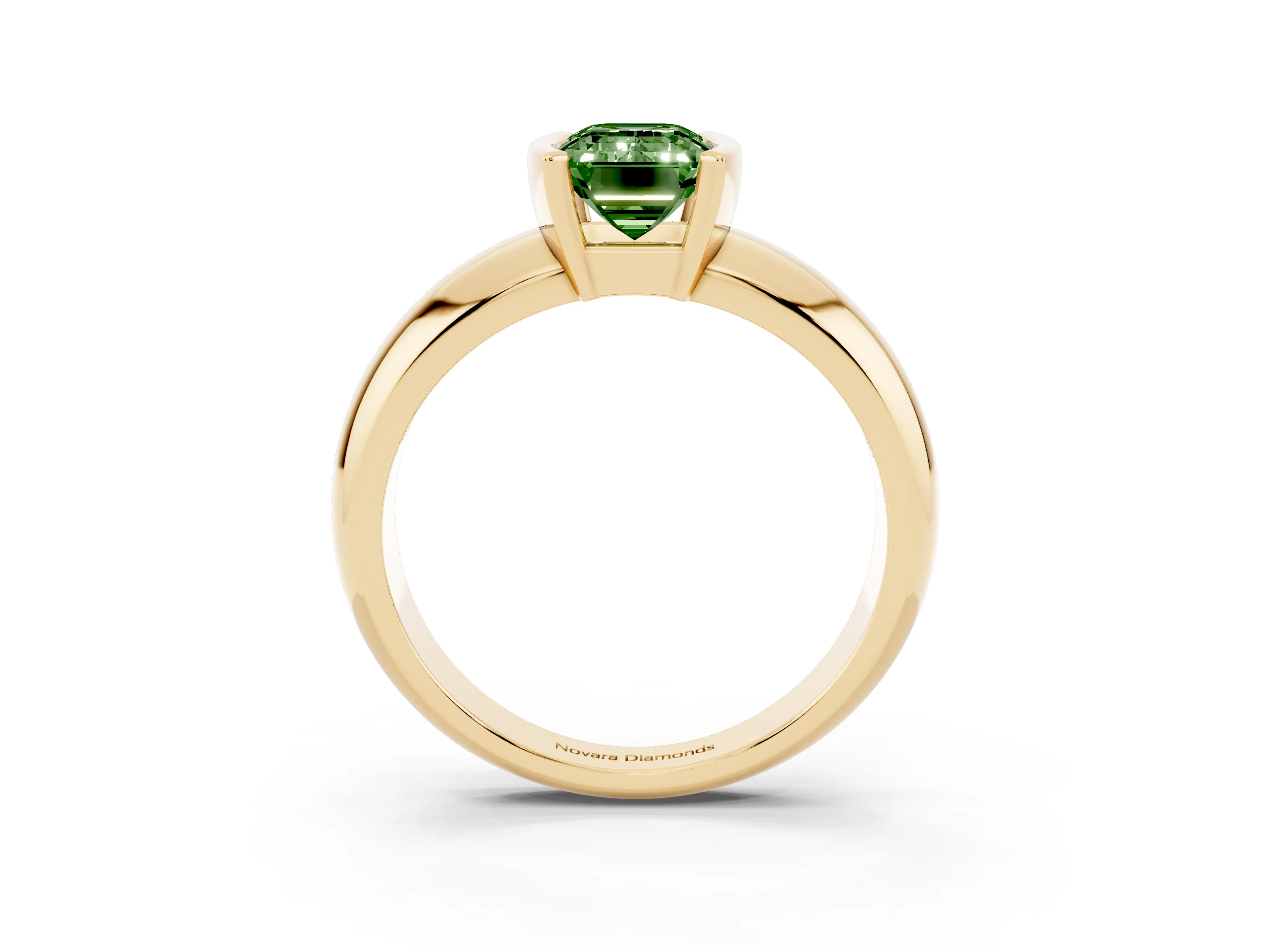 Fancy Green Emerald Cut Diamond Solitaire Tension Set Ring Set in Yellow gold with Wide Band