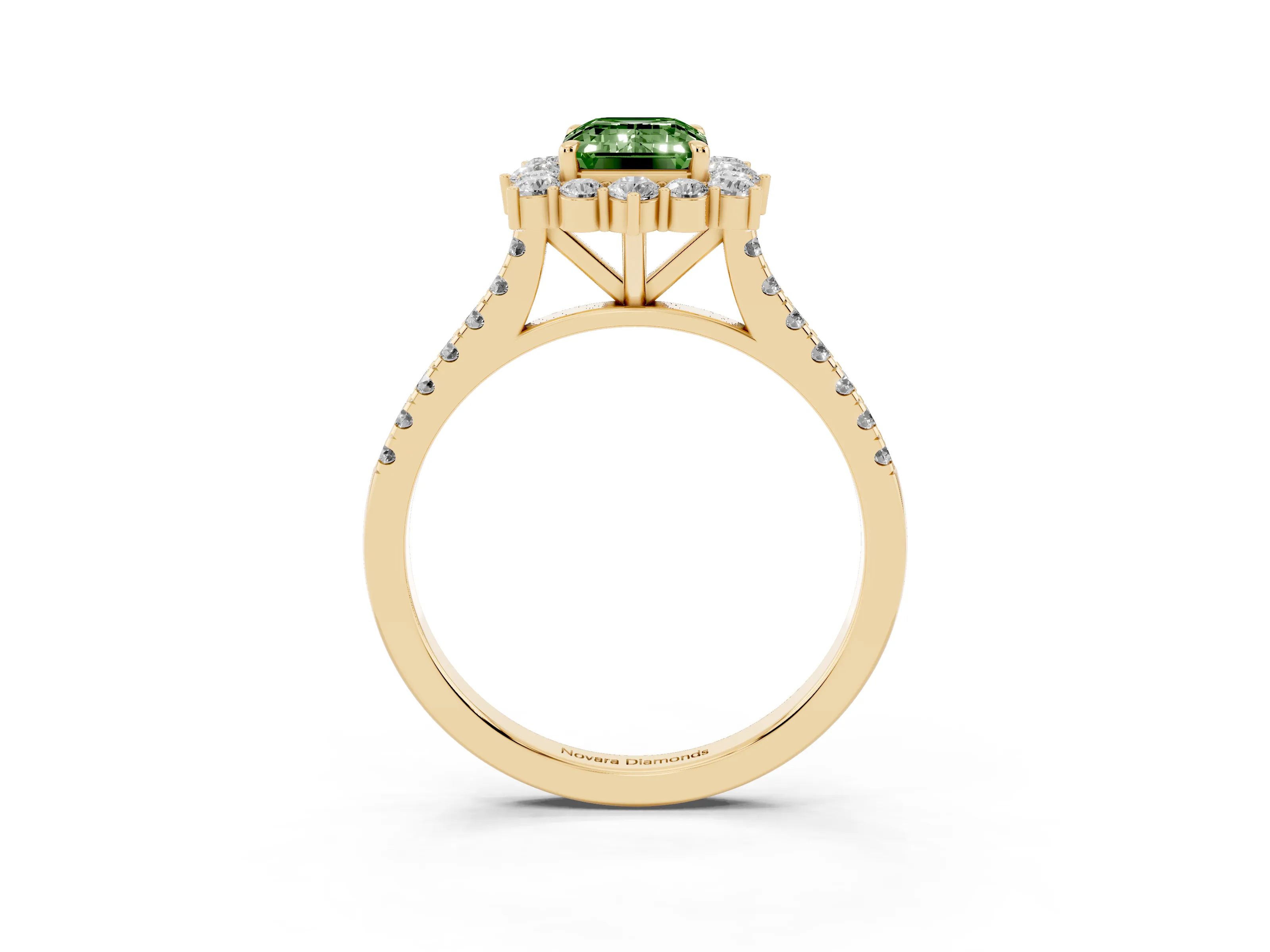 Fancy Green Emerald Cut Diamond Halo Ring Set in Yellow gold with Pavé Band and Prong Setting