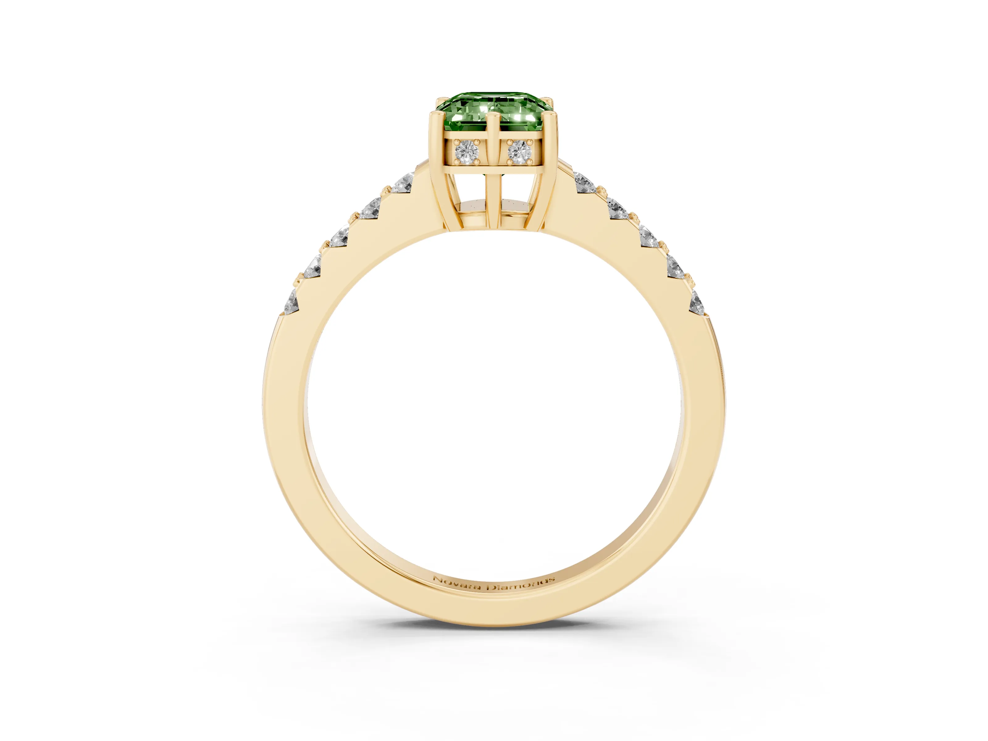 Fancy Green Emerald Cut Diamond Solitaire Engagement Ring Set in Yellow gold with Pavé Band and Prong Setting