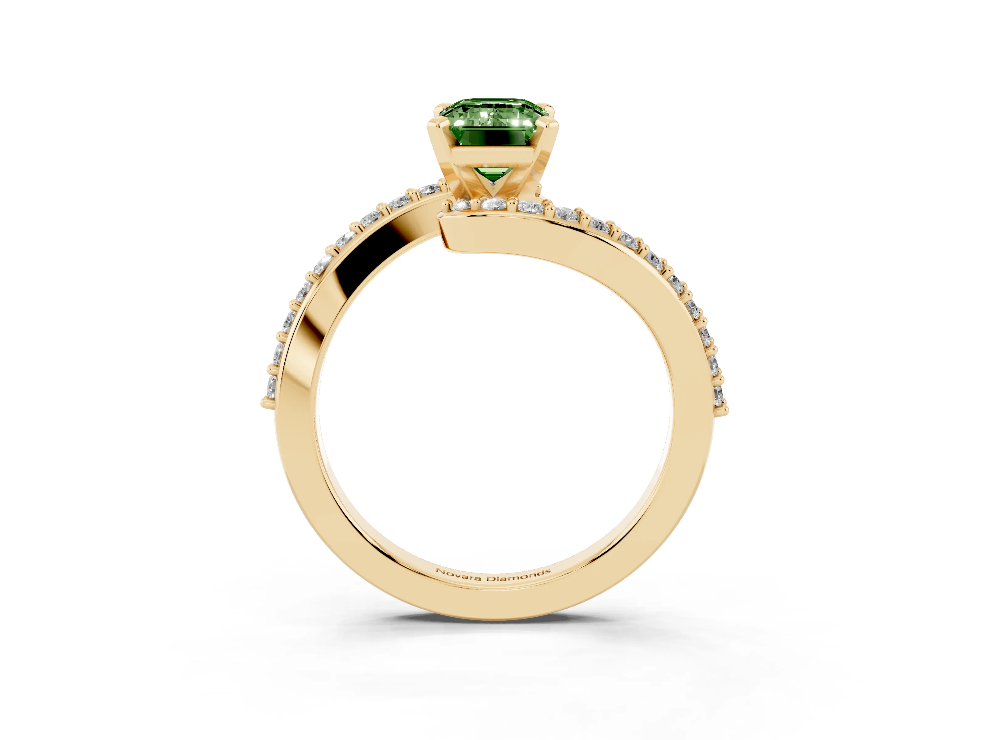 Fancy Green Emerald Cut Diamond Solitaire Ring Set in Yellow gold with Pavé Twist Band and Prong Setting