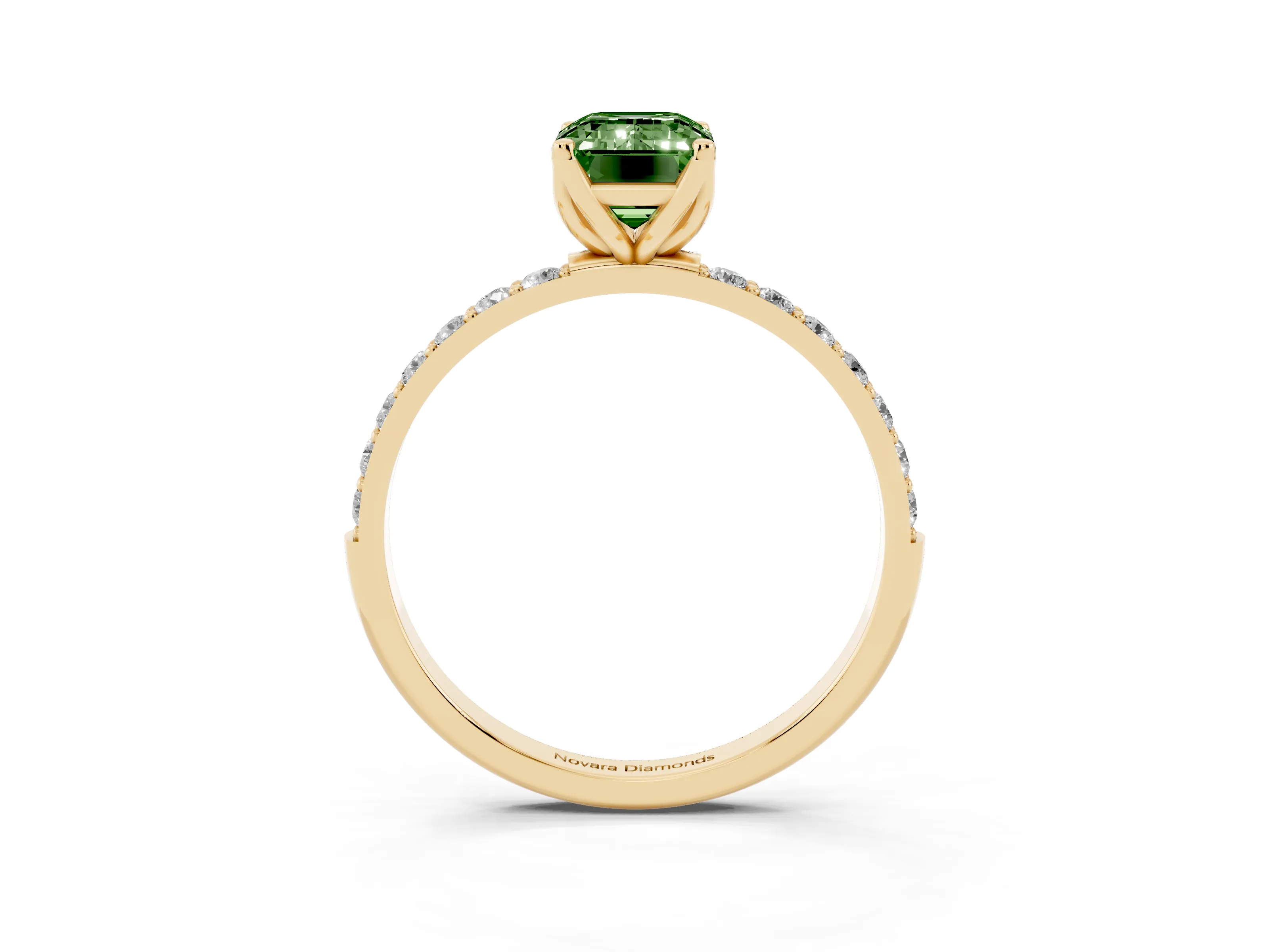 Fancy Green Emerald Cut Diamond Solitaire Engagement Ring Set in Yellow gold with Round Pavé Band and Prong Setting
