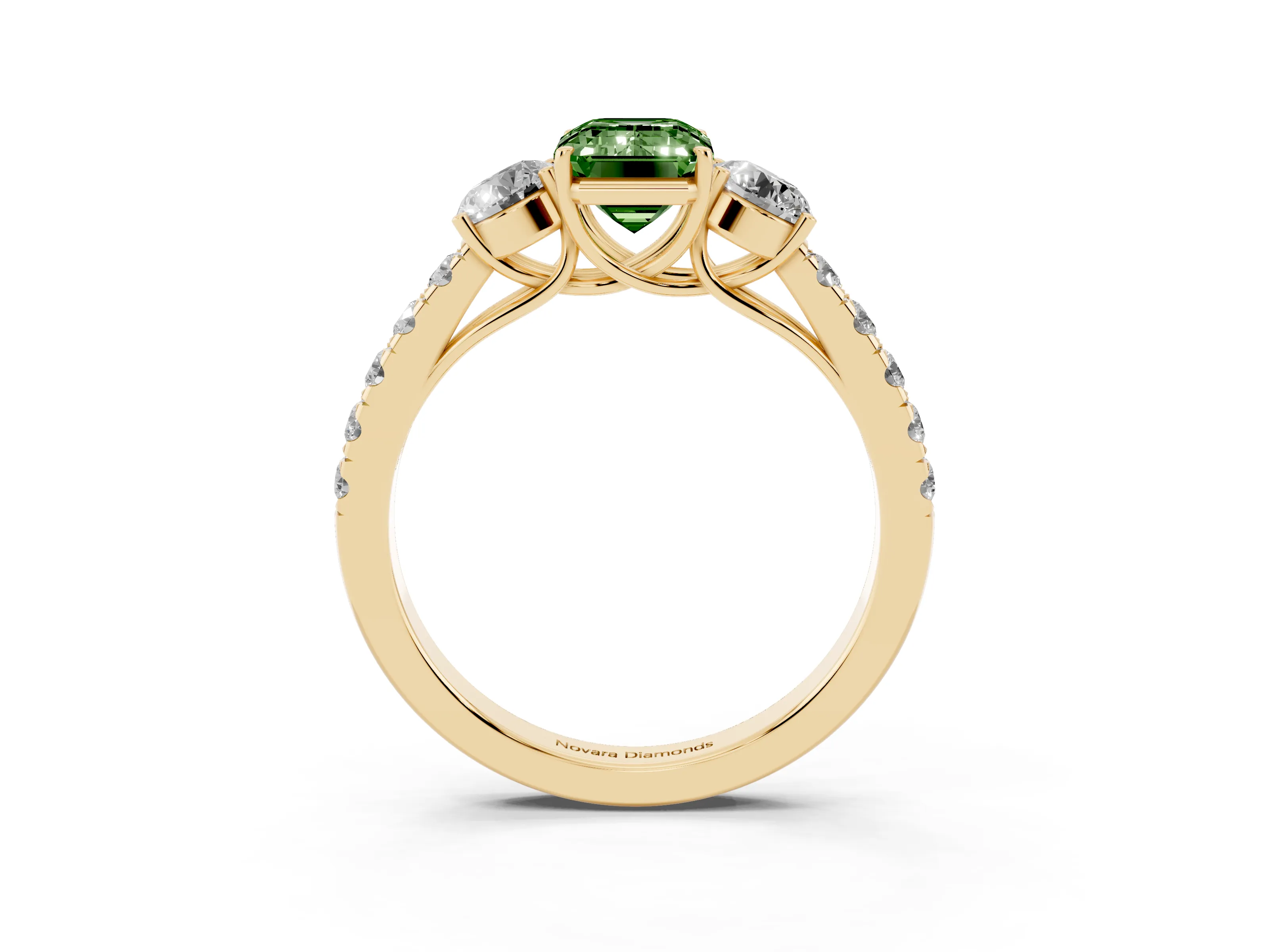 Fancy Green Emerald Cut Diamond Three-Stone Ring Set in Yellow gold with Round Side Stones and Delicate Pavé Band
