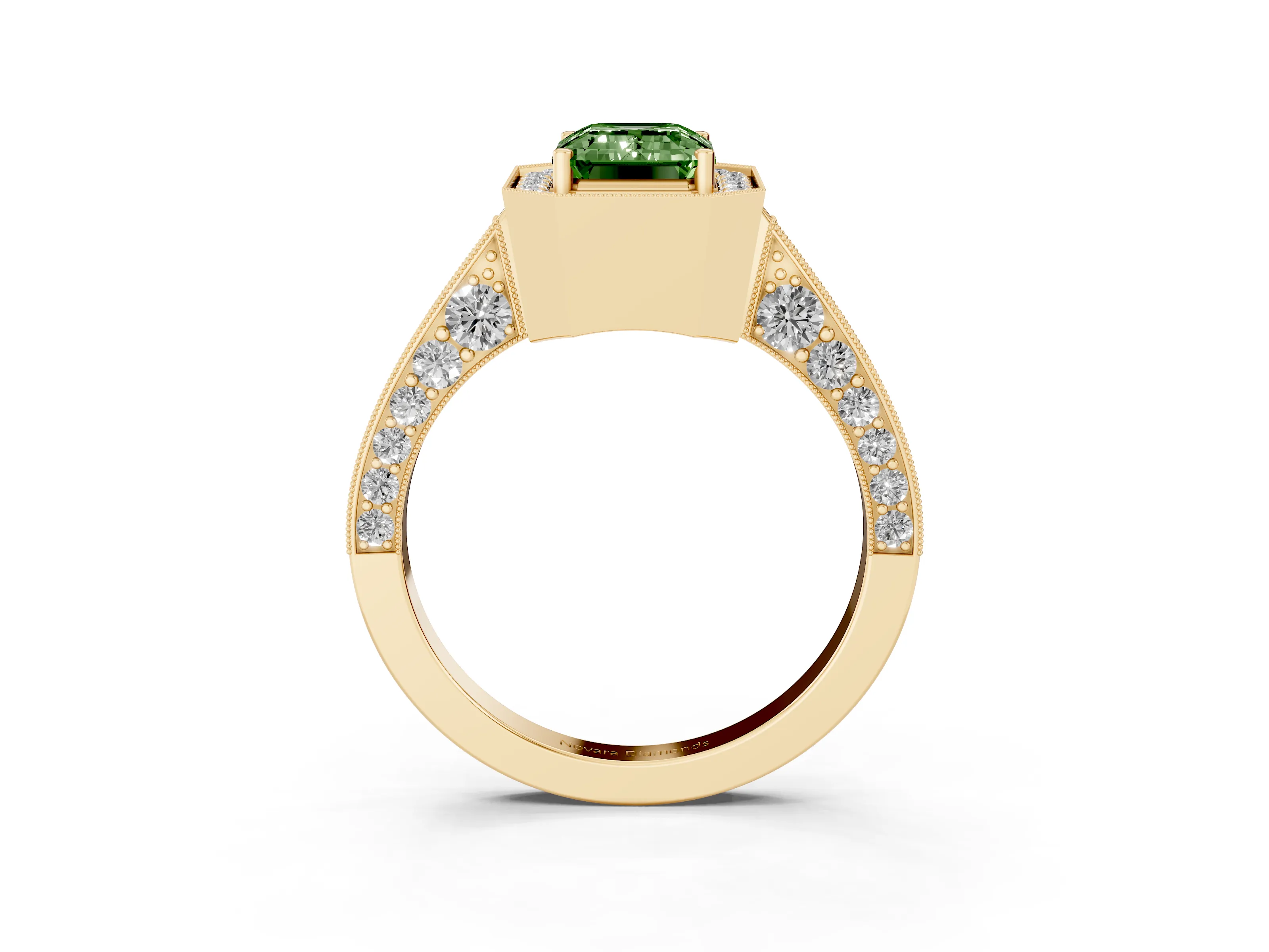 Fancy Green Emerald Cut Diamond Halo Engagement Ring Set in Yellow gold with Accent Split Shank Band