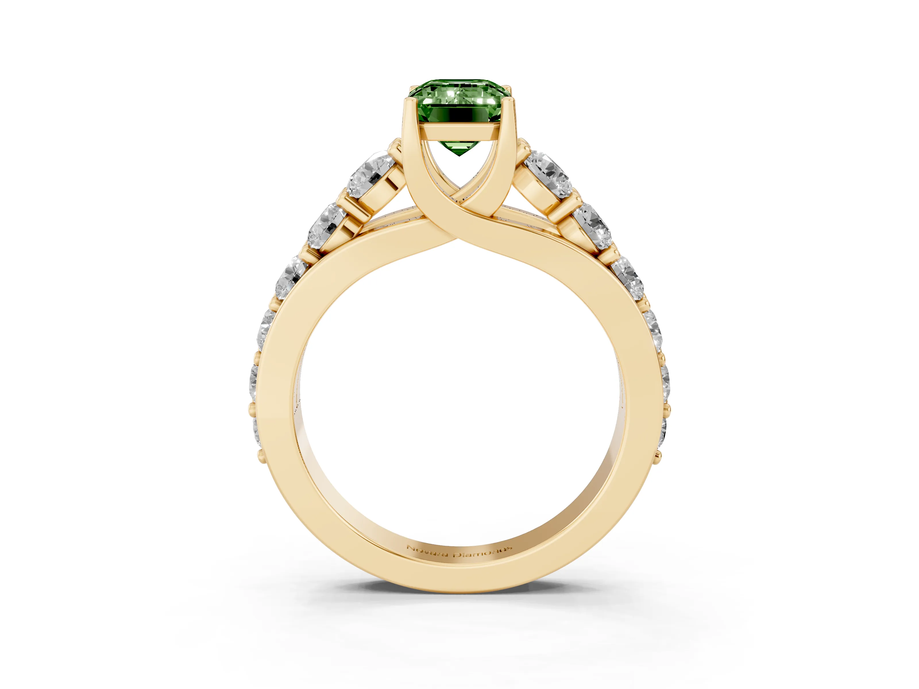 Fancy Green Emerald Cut Diamond Pavé Engagement Ring Set in Yellow gold with Prong Setting