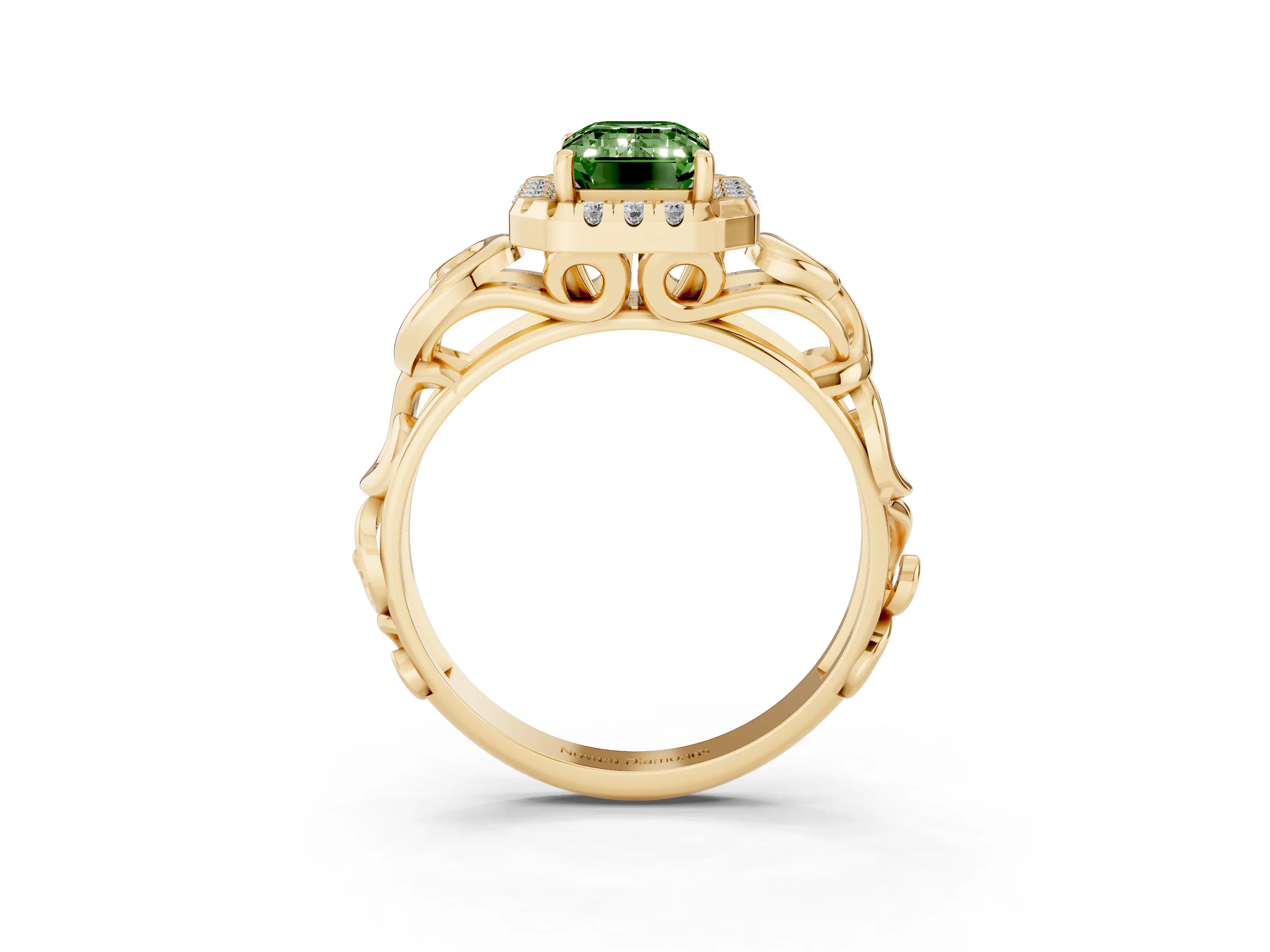 Fancy Green Emerald Cut Diamond Halo Ring Set in Yellow gold with Scrollwork Band and Prong Setting