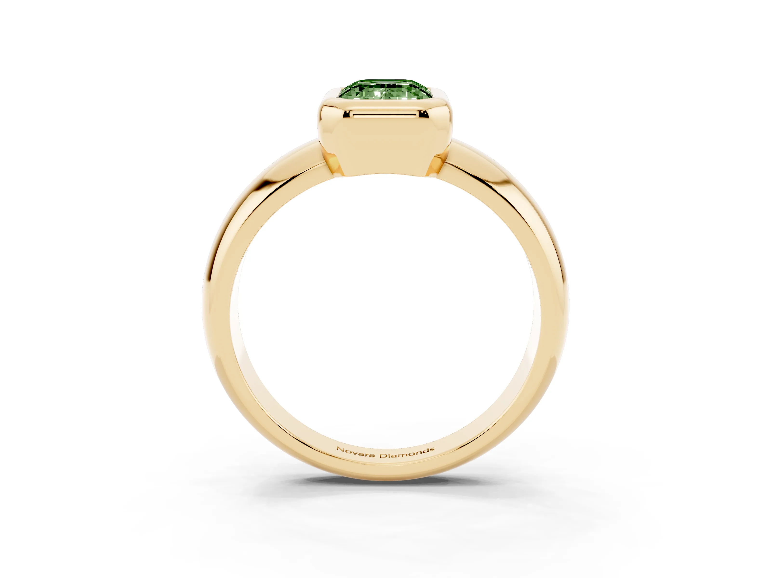 Fancy Green Bezel Set Emerald Cut Diamond Solitaire Ring Set in Yellow gold with Wide Band