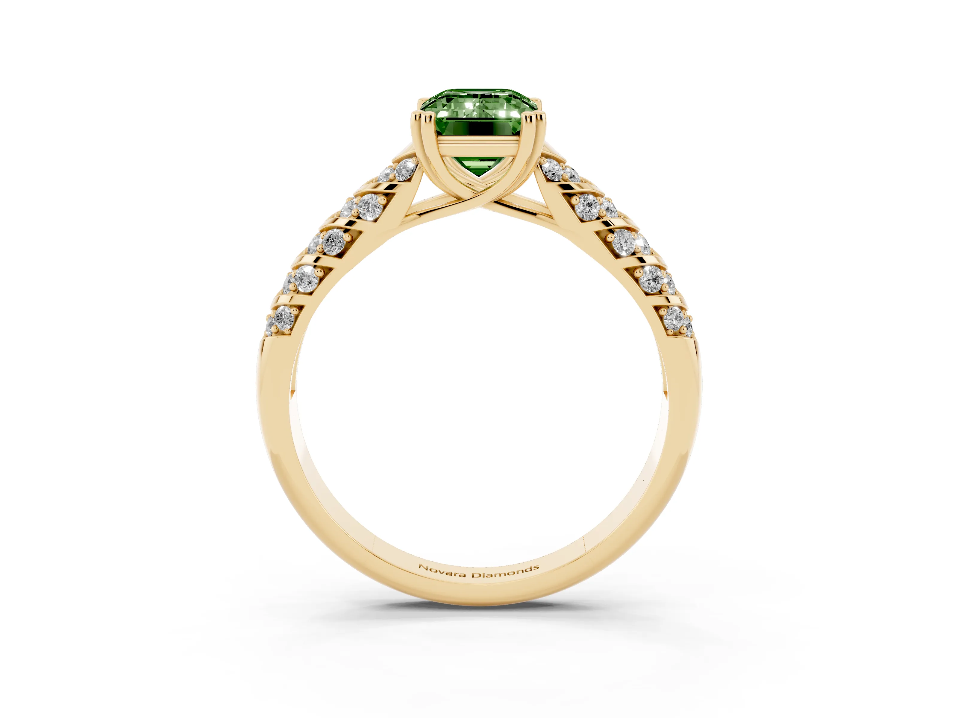 Fancy Green Emerald Cut Diamond Solitaire Chevron Pavé Engagement Ring Set in Yellow gold with Prong Setting