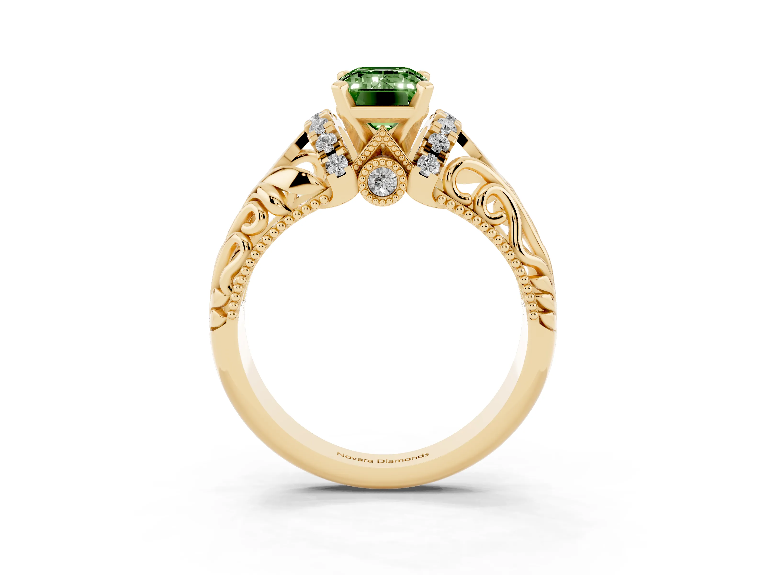 Fancy Green Emerald Cut Diamond Filigree Halo Engagement Ring Set in Yellow gold with Prong Setting