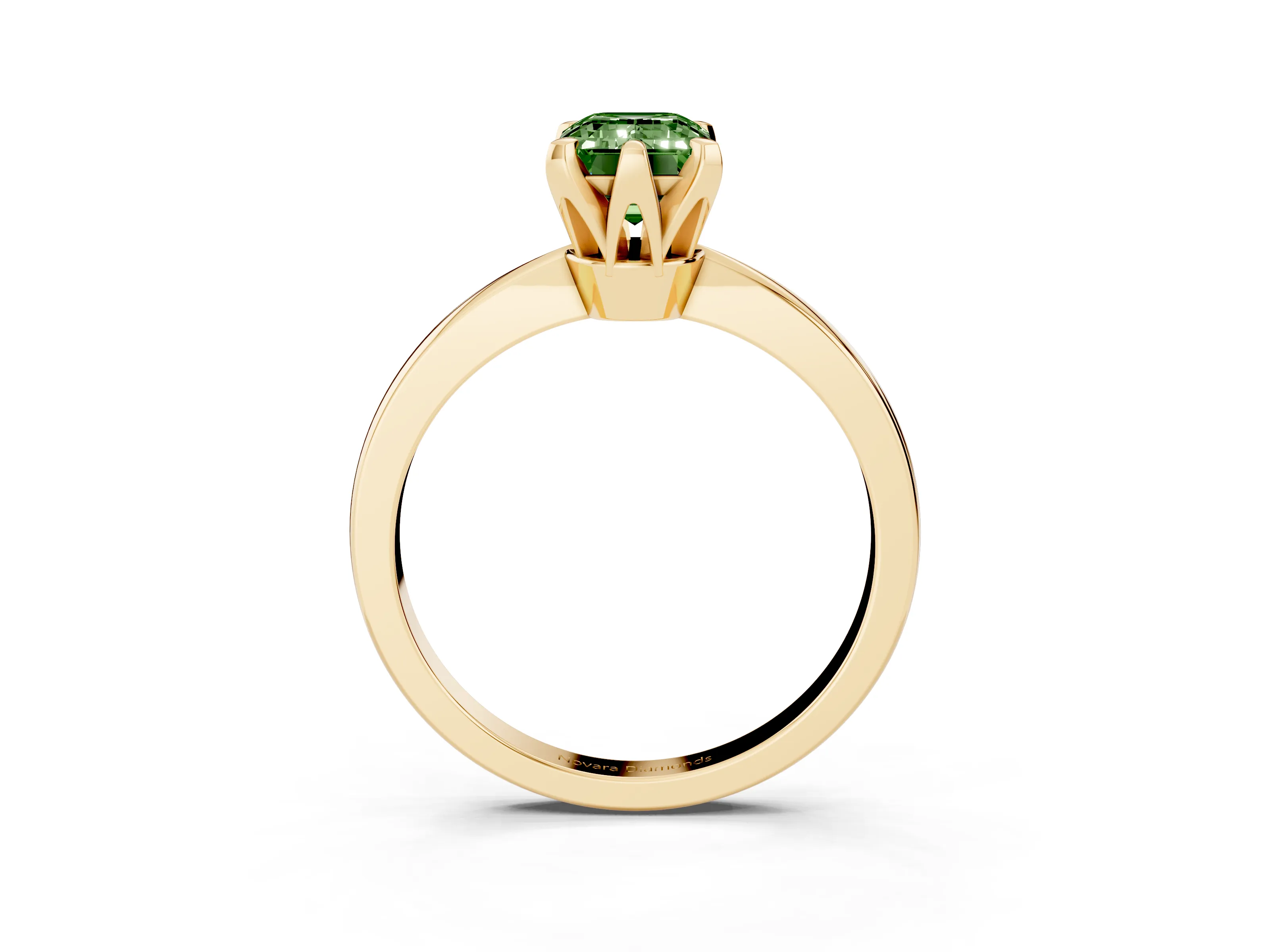 Fancy Green Emerald Cut Diamond Solitaire Engagement Ring Set in Yellow gold with Slim Tapered Solitaire Band